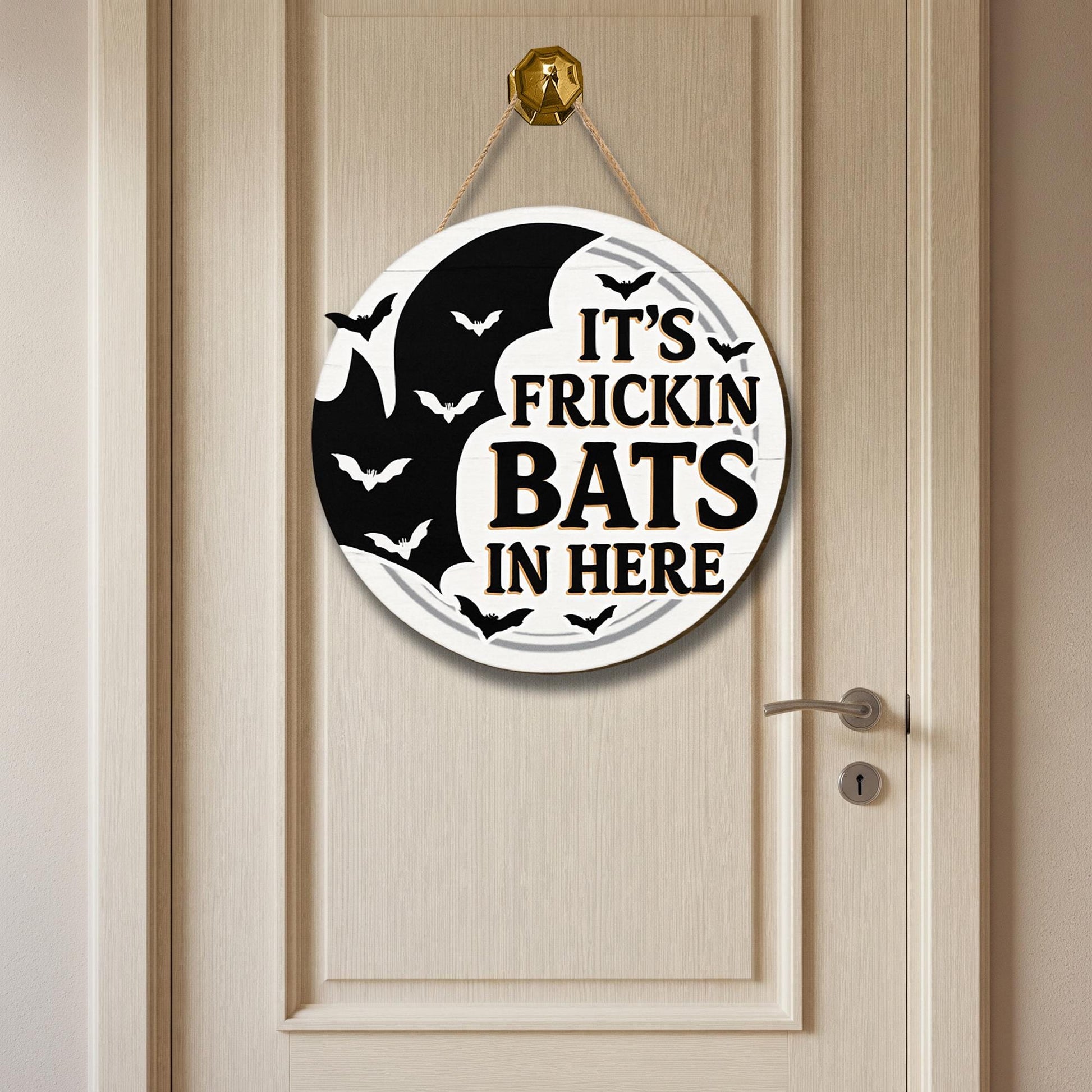 It’s Frickin Bats In Here Door Hanger, Funny Halloween Bat Sign, Spooky Porch Decor, Gothic Wood Hanging Sign for Fall Entryway