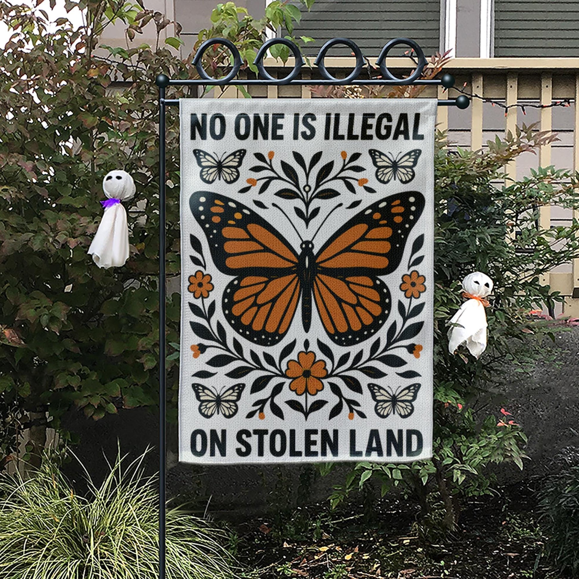No One Is Illegal Garden Flag, Stolen Land Yard Sign, Monarch Butterfly Flag, Indigenous Rights Outdoor Decor, Activist Banner