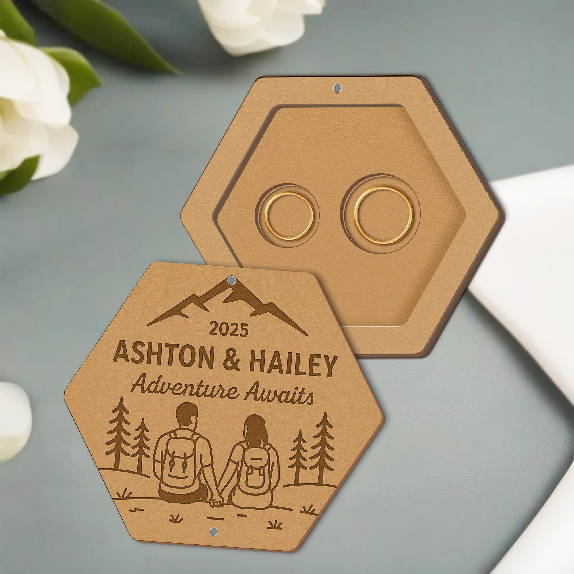 Custom Magnetic Wedding Ring Box – Personalized Adventure Awaits Ring Holder – Couple Gift for Outdoor or Camper Wedding