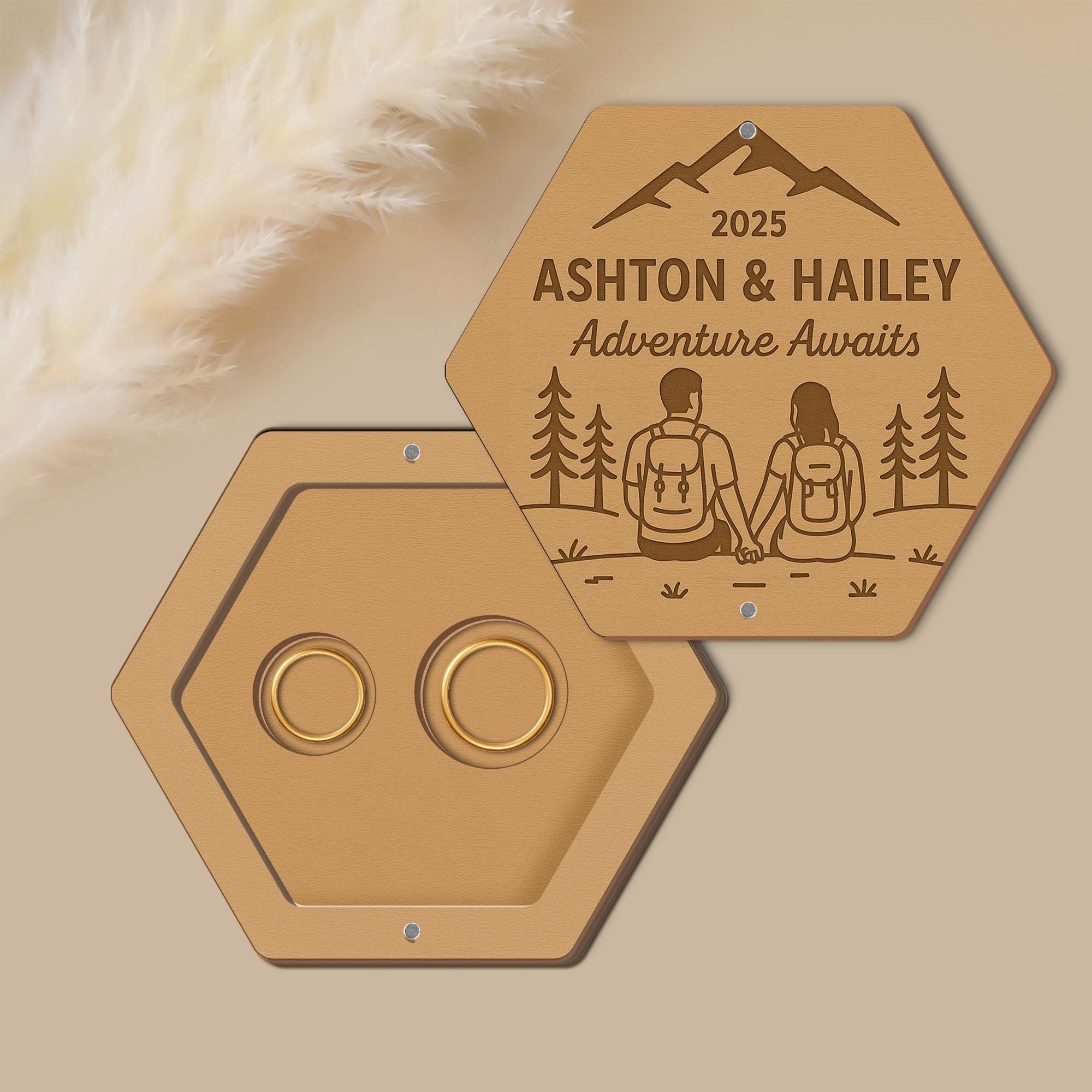 Custom Magnetic Wedding Ring Box – Personalized Adventure Awaits Ring Holder – Couple Gift for Outdoor or Camper Wedding