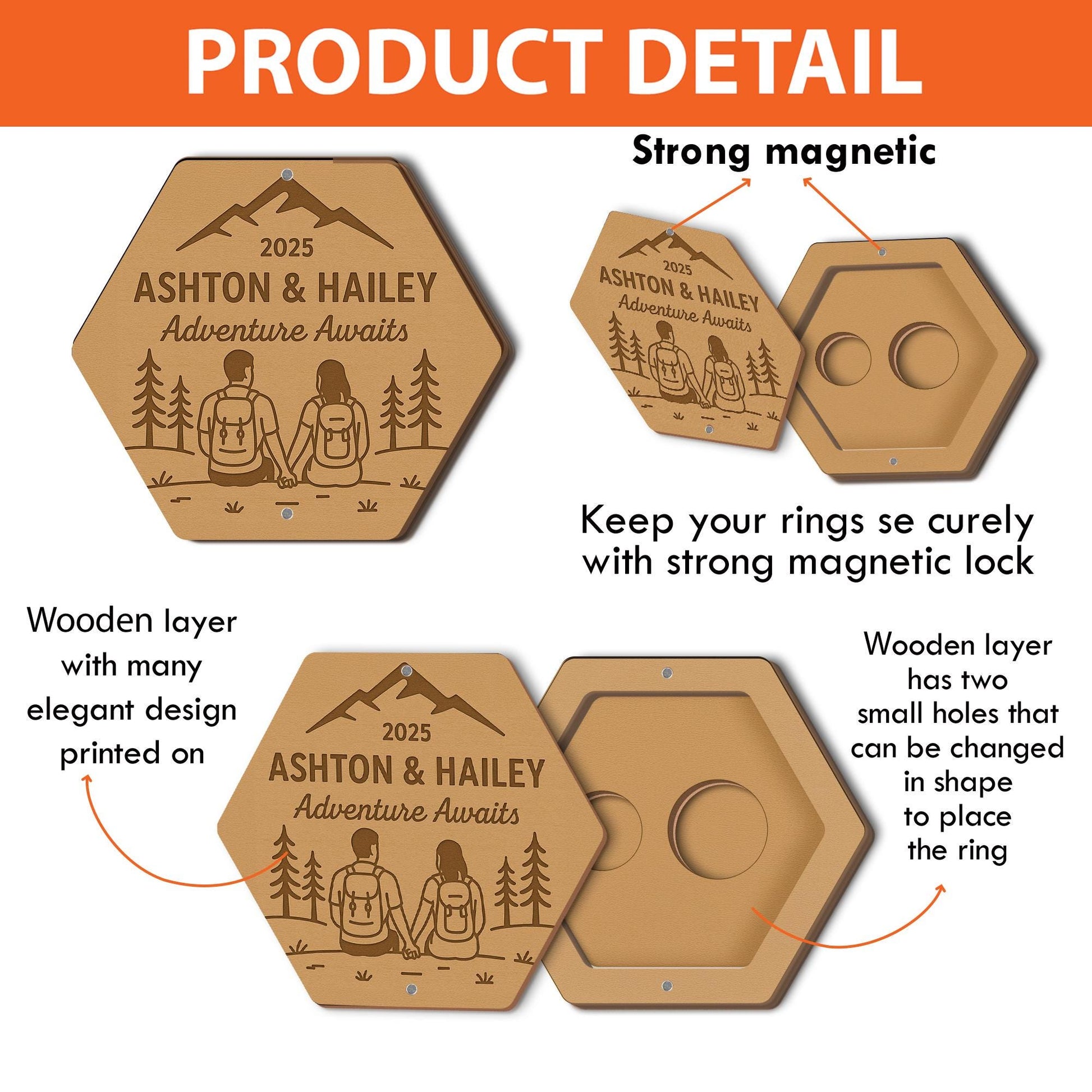 Custom Magnetic Wedding Ring Box – Personalized Adventure Awaits Ring Holder – Couple Gift for Outdoor or Camper Wedding