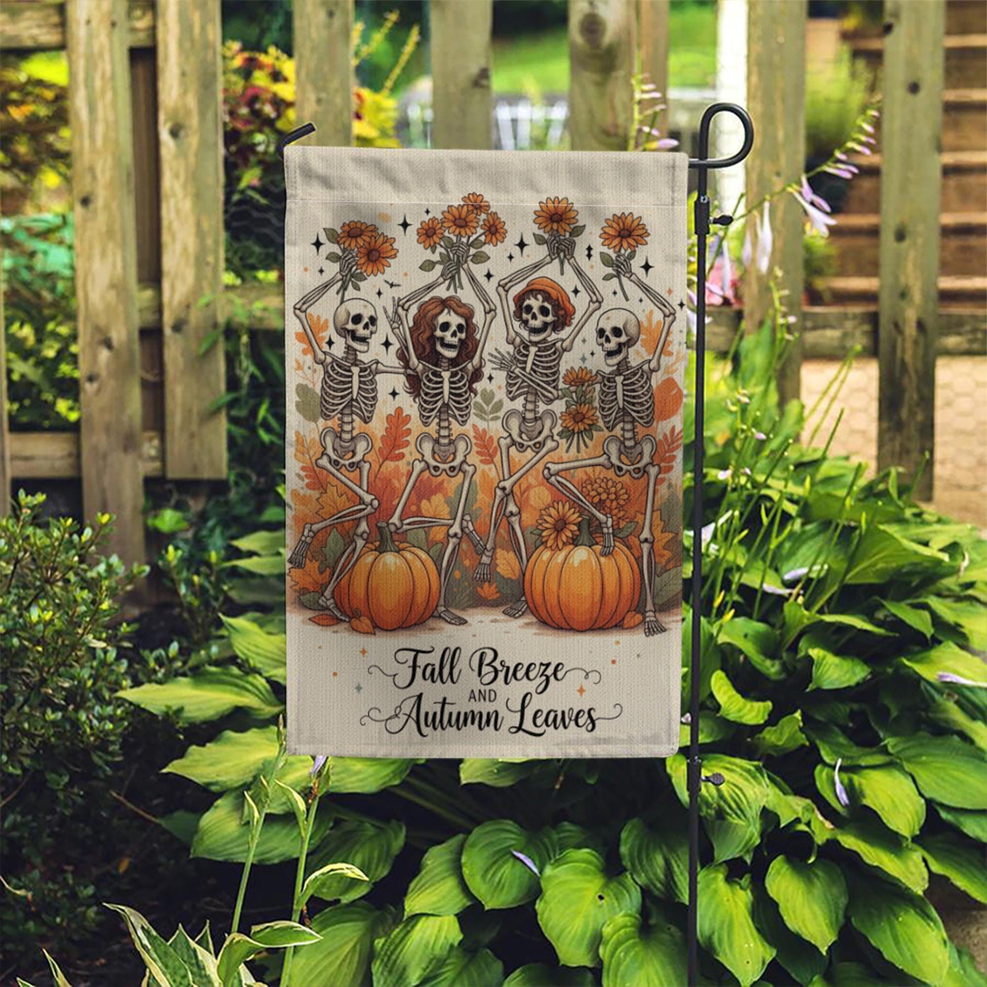 Fall Breeze Autumn Leaves Skeleton Flag, Funny Pumpkin Garden Decor, Dancing Skeleton Yard Banner, Spooky Cute Halloween Sign