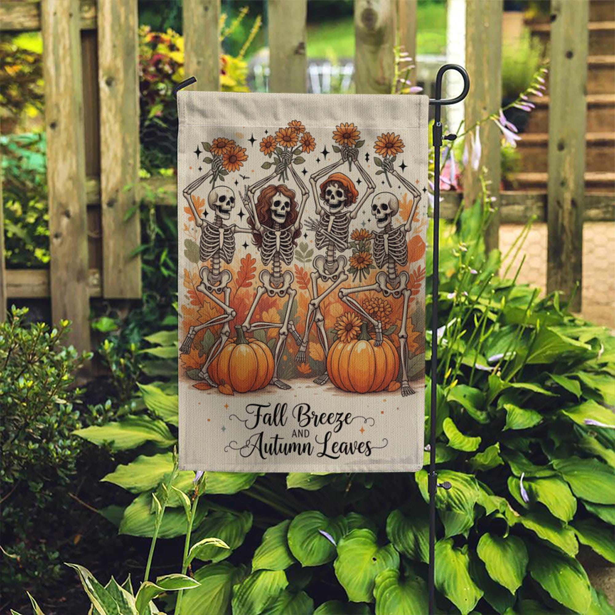 Fall Breeze Autumn Leaves Skeleton Flag, Funny Pumpkin Garden Decor, Dancing Skeleton Yard Banner, Spooky Cute Halloween Sign