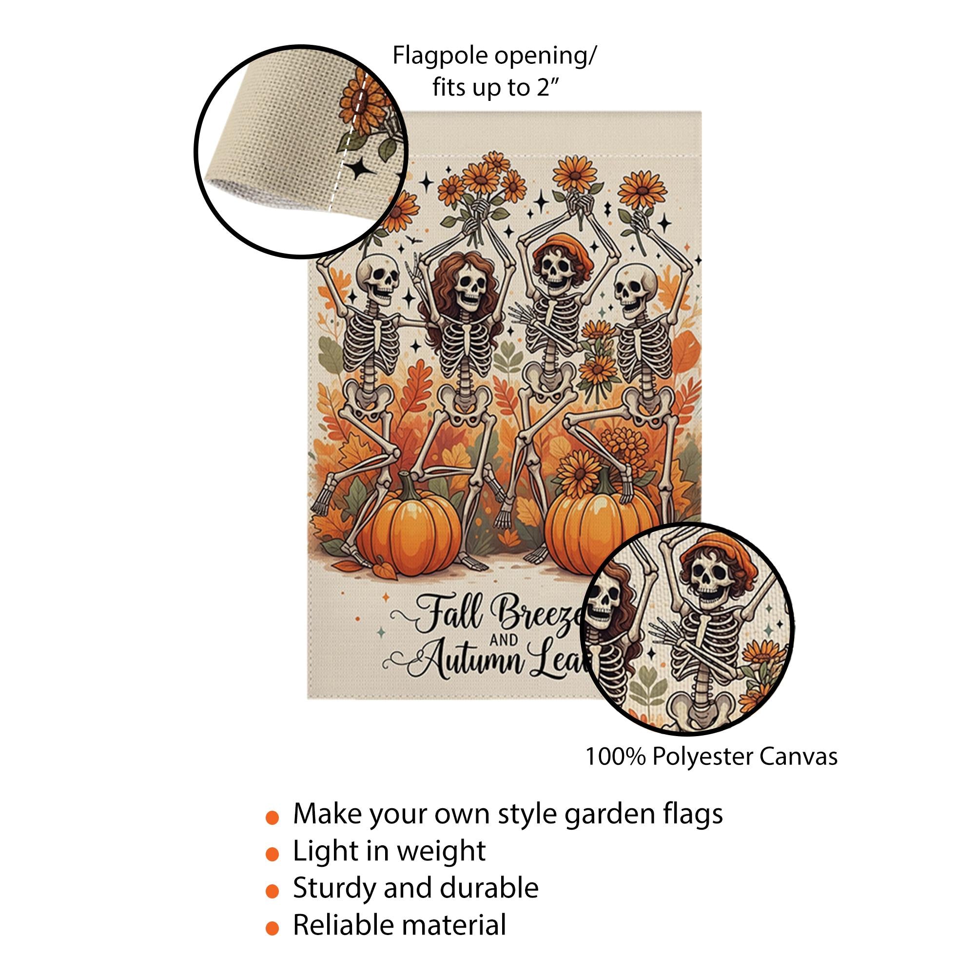 Fall Breeze Autumn Leaves Skeleton Flag, Funny Pumpkin Garden Decor, Dancing Skeleton Yard Banner, Spooky Cute Halloween Sign