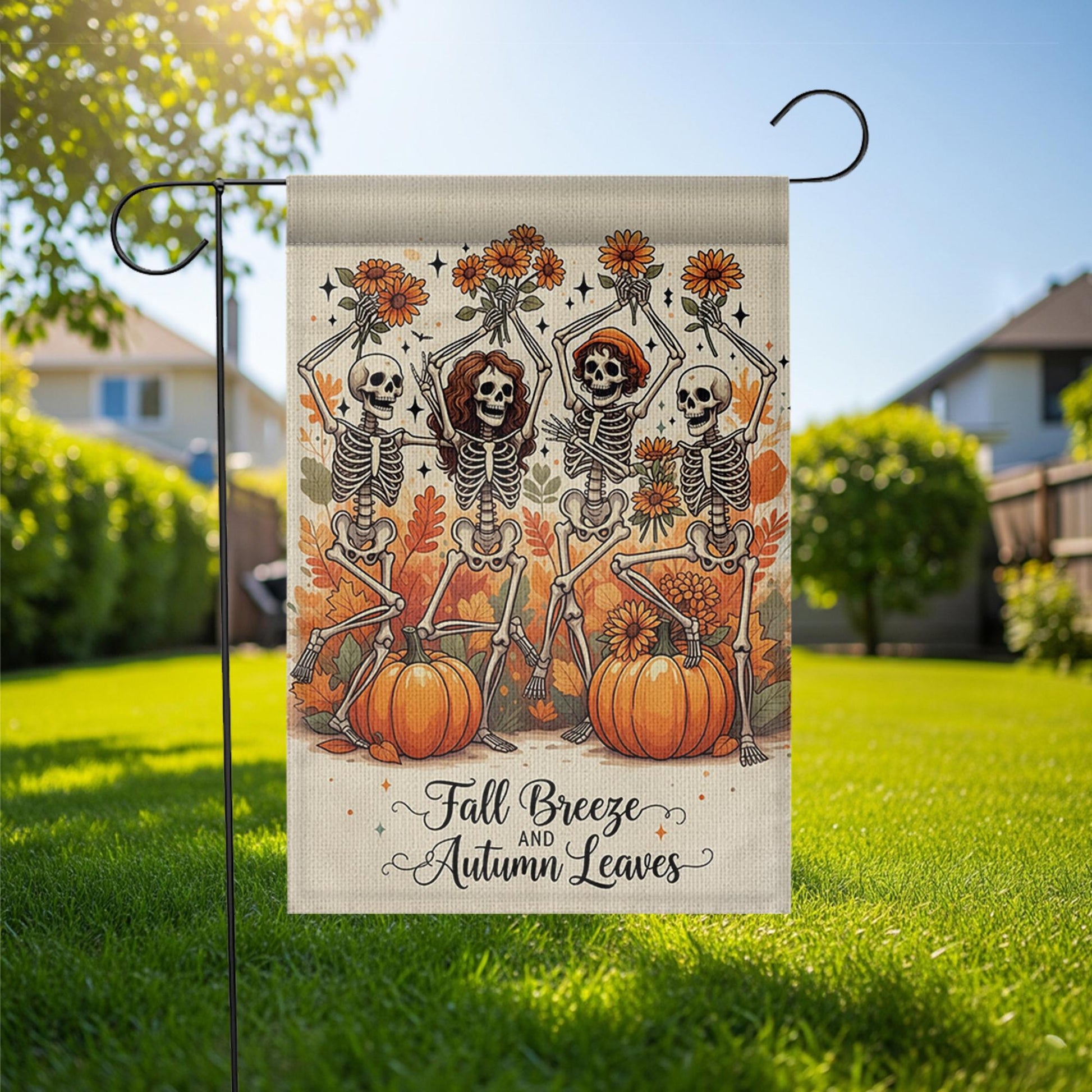 Fall Breeze Autumn Leaves Skeleton Flag, Funny Pumpkin Garden Decor, Dancing Skeleton Yard Banner, Spooky Cute Halloween Sign