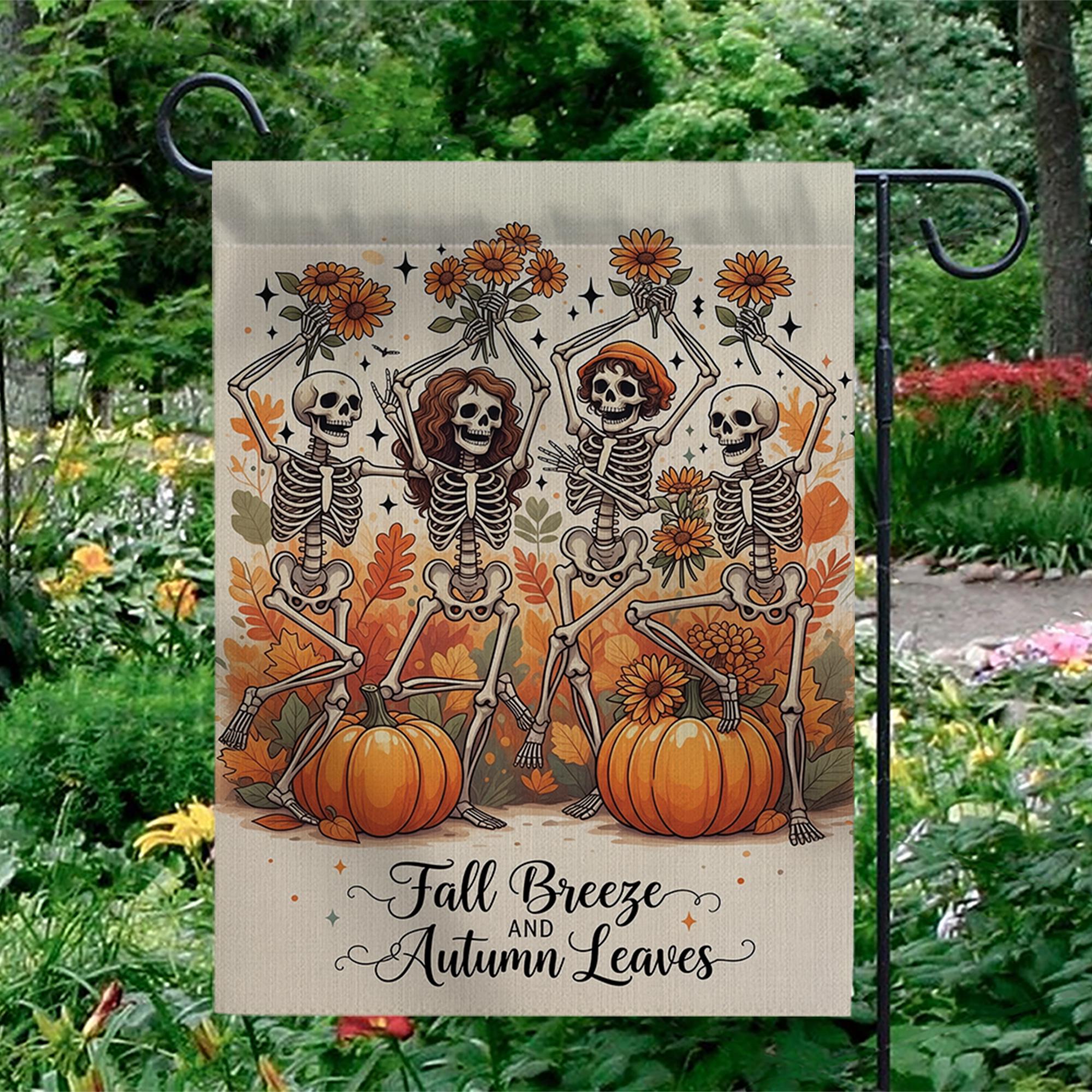 Fall Breeze Autumn Leaves Skeleton Flag, Funny Pumpkin Garden Decor, Dancing Skeleton Yard Banner, Spooky Cute Halloween Sign