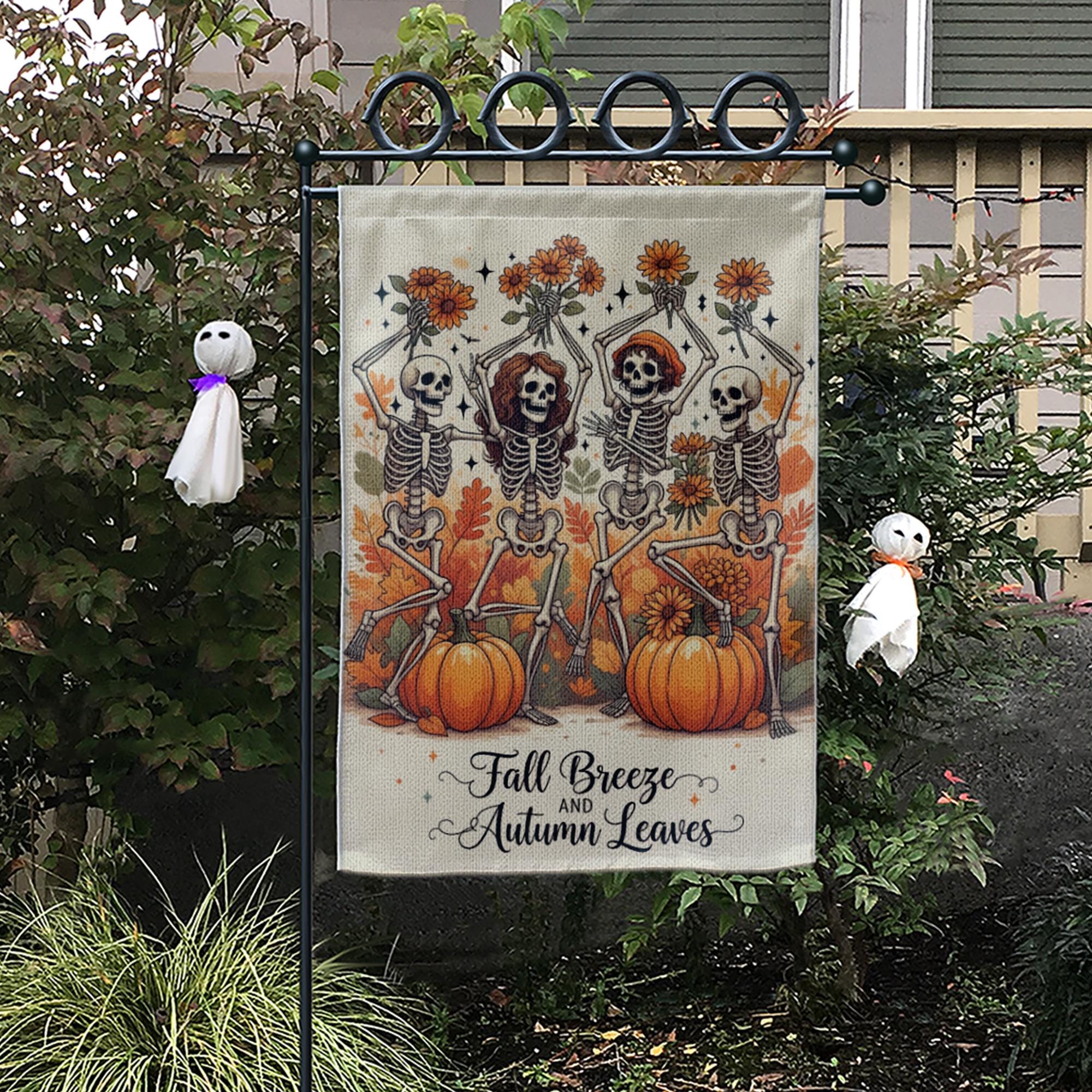 Fall Breeze Autumn Leaves Skeleton Flag, Funny Pumpkin Garden Decor, Dancing Skeleton Yard Banner, Spooky Cute Halloween Sign