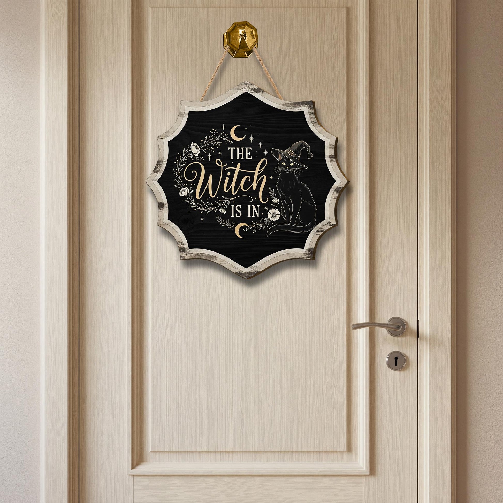 The Witch Is In Door Hanger, Gothic Halloween Sign with Black Cat, Wiccan Crescent Moon Decor, Spooky Witchy Front Door Accent