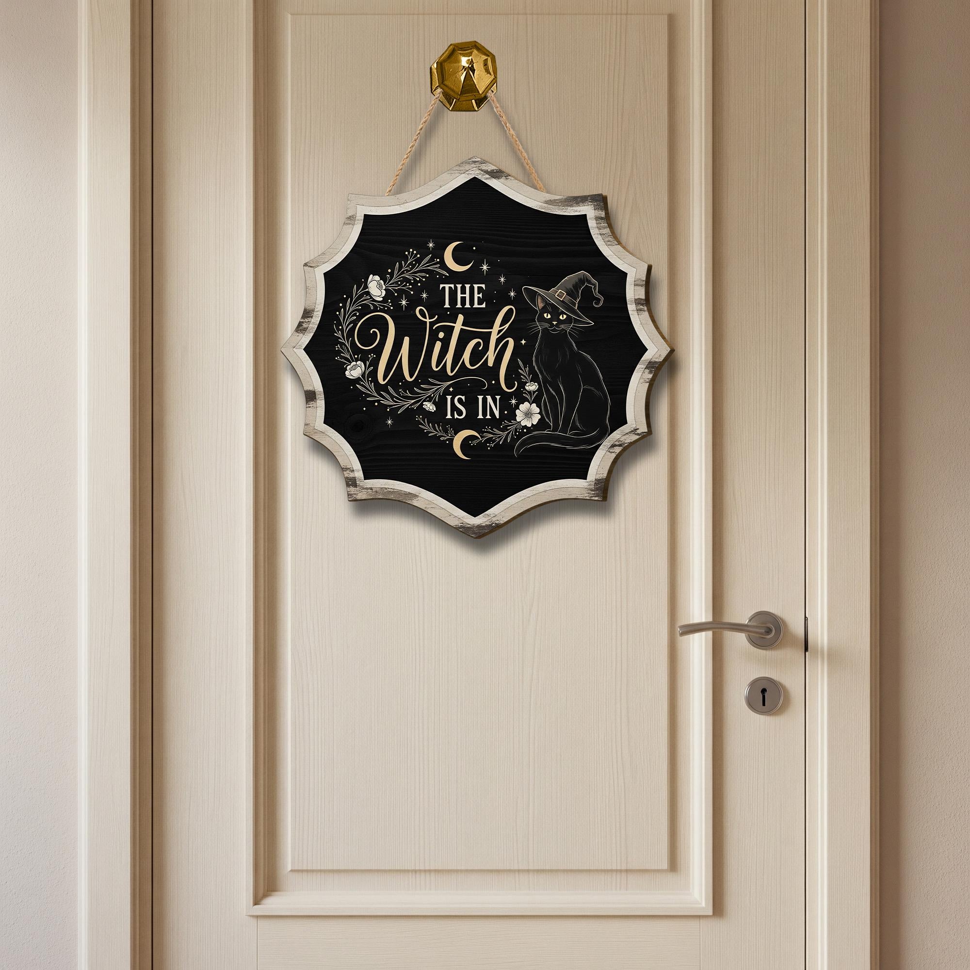 The Witch Is In Door Hanger, Gothic Halloween Sign with Black Cat, Wiccan Crescent Moon Decor, Spooky Witchy Front Door Accent
