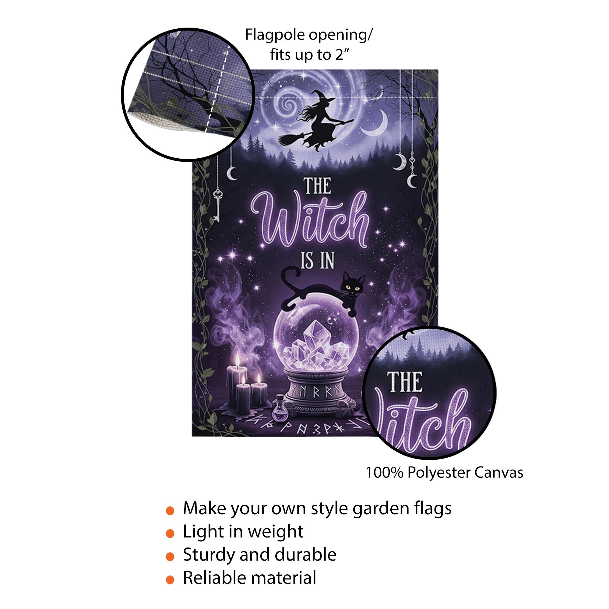 The Witch Is In Garden Flag, Purple Crystal Ball Yard Banner, Gothic Halloween Decor, Witchy Black Cat Fall Outdoor Sign