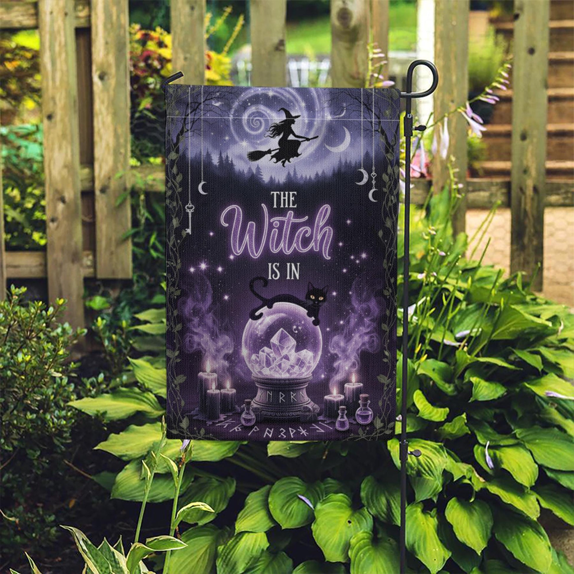 The Witch Is In Garden Flag, Purple Crystal Ball Yard Banner, Gothic Halloween Decor, Witchy Black Cat Fall Outdoor Sign