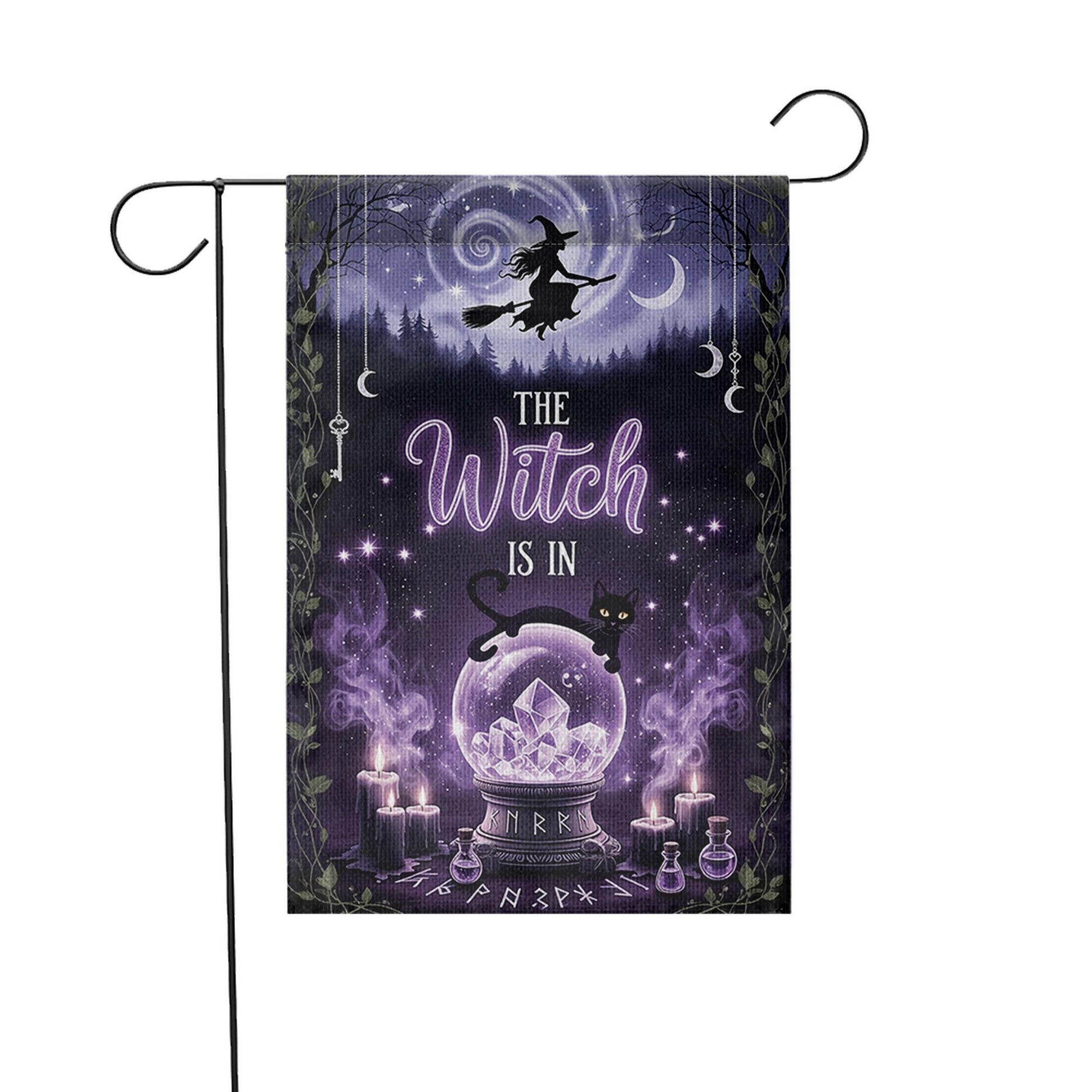 The Witch Is In Garden Flag, Purple Crystal Ball Yard Banner, Gothic Halloween Decor, Witchy Black Cat Fall Outdoor Sign