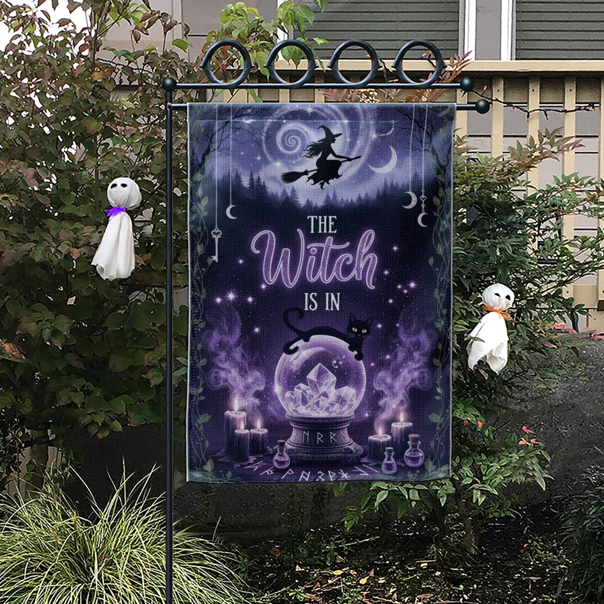 The Witch Is In Garden Flag, Purple Crystal Ball Yard Banner, Gothic Halloween Decor, Witchy Black Cat Fall Outdoor Sign