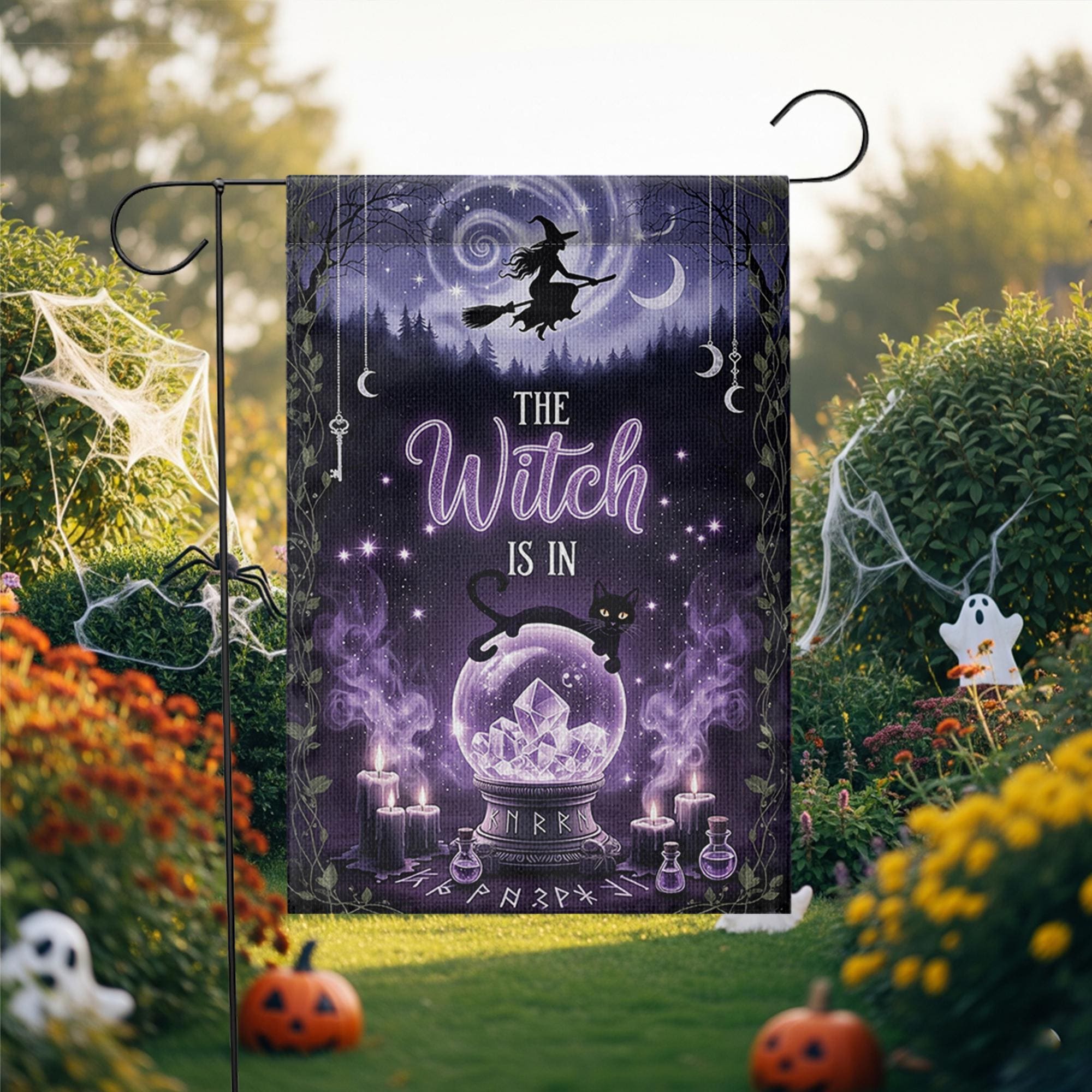 The Witch Is In Garden Flag, Purple Crystal Ball Yard Banner, Gothic Halloween Decor, Witchy Black Cat Fall Outdoor Sign