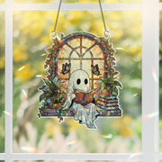 Reading Ghost Hologram Suncatcher, Cozy Fall Ghost Window Decor, Bookish Spirit Plant Lover Gift, Autumn Glassy Window Accent
