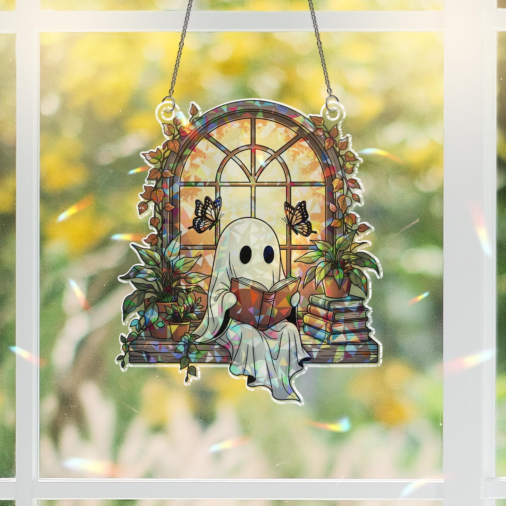 Reading Ghost Hologram Suncatcher, Cozy Fall Ghost Window Decor, Bookish Spirit Plant Lover Gift, Autumn Glassy Window Accent