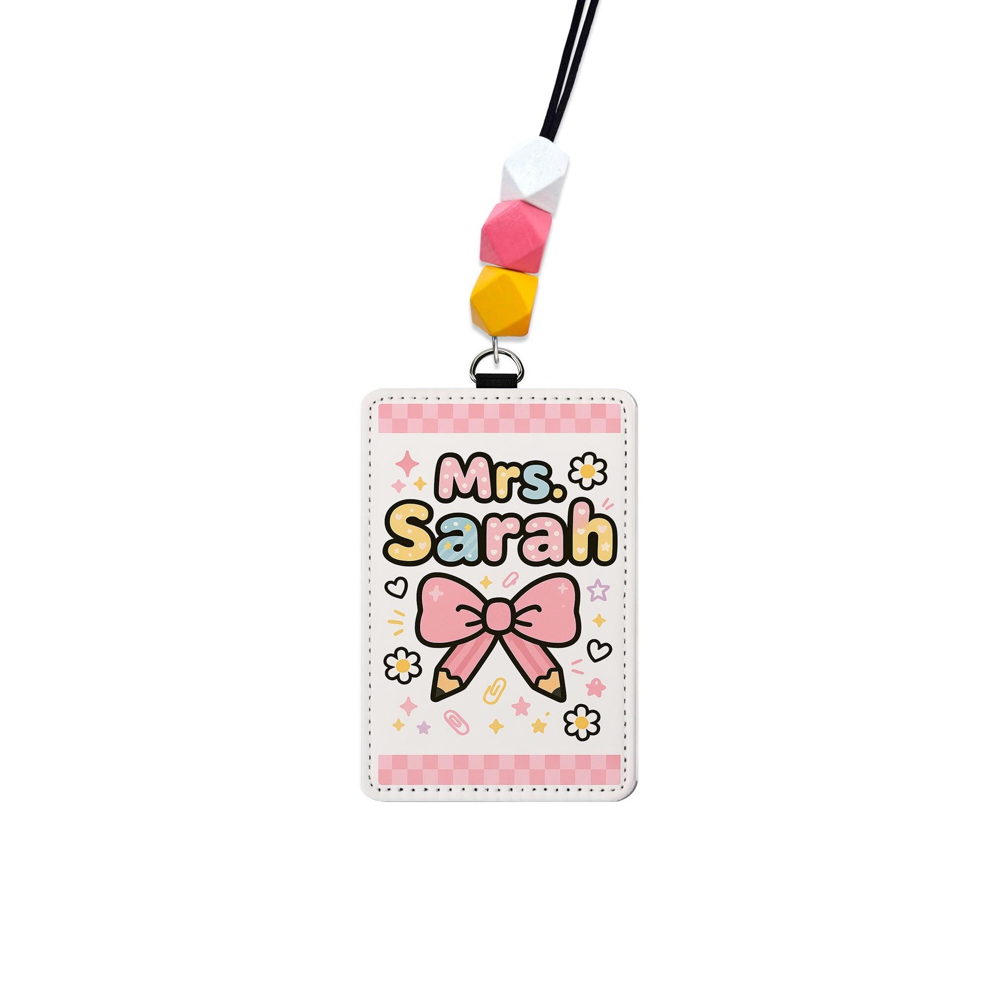 Cute Teacher Name Badge Holder, Personalized Lanyard with Beads, Kawaii ID Tag for Mrs. Sarah, Back to School Gift for Educators