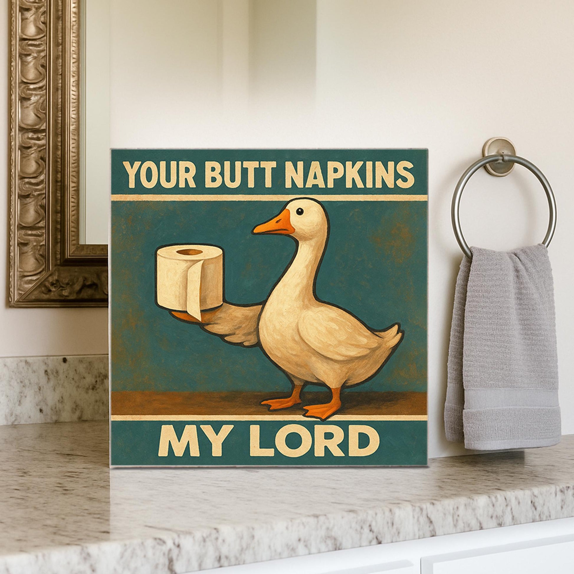 Funny Goose Bathroom Sign, Butt Napkins My Lord Art, Medieval Humor Toilet Decor, Gag Gift for Him, Rustic Bathroom Wall Sign, Funny Decor