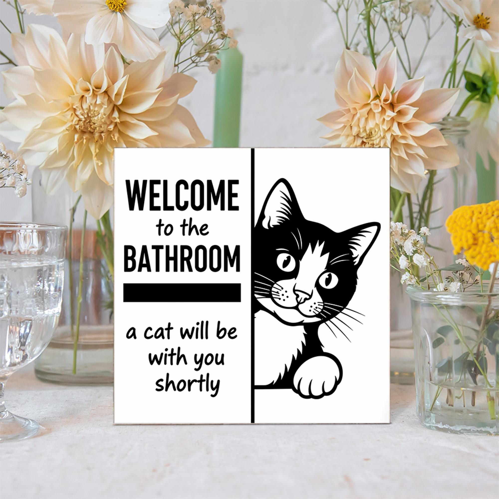 Funny Cat Bathroom Sign, Welcome Cat Will Join You Decor, Kitty Humor Wall Art, Pet Lover Gift, Cute Toilet Shelf Decor