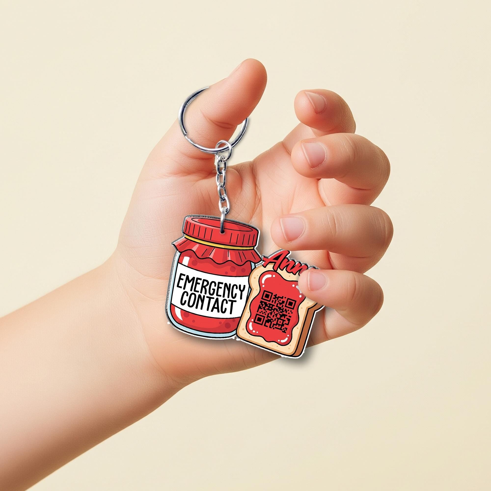 Cute Jam Toast Emergency Contact Keychain Tag for Kids Backpack – Personalized Name, QR Code for Safety, Back to School Gift, Child ID Tag