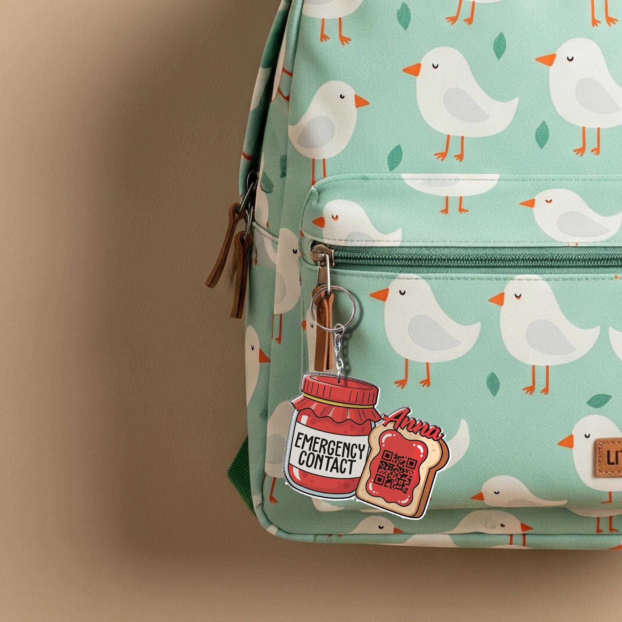 Cute Jam Toast Emergency Contact Keychain Tag for Kids Backpack – Personalized Name, QR Code for Safety, Back to School Gift, Child ID Tag