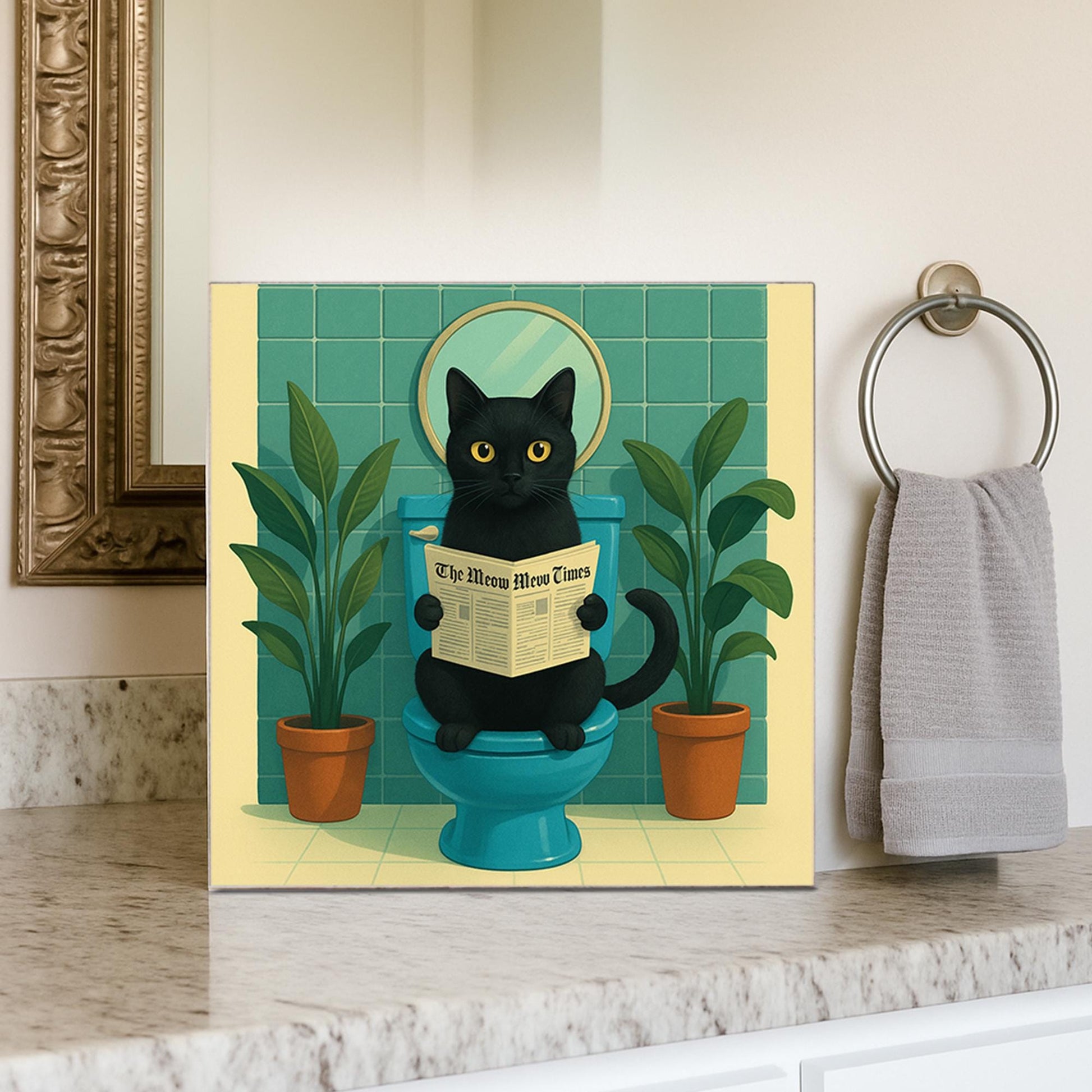 Funny Cat Bathroom Sign, Black Cat Toilet Art, Meow Times Newspaper Decor, Kitty Humor Wall Sign, Gift for Cat Lovers