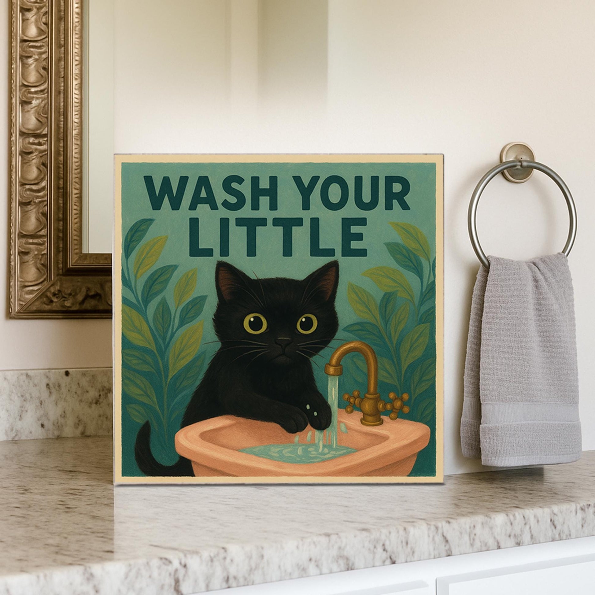 Funny Cat Bathroom Sign, Wash Your Little Kitty Wall Art, Black Cat Sink Decor, Cute Cat Handwashing Humor Gift