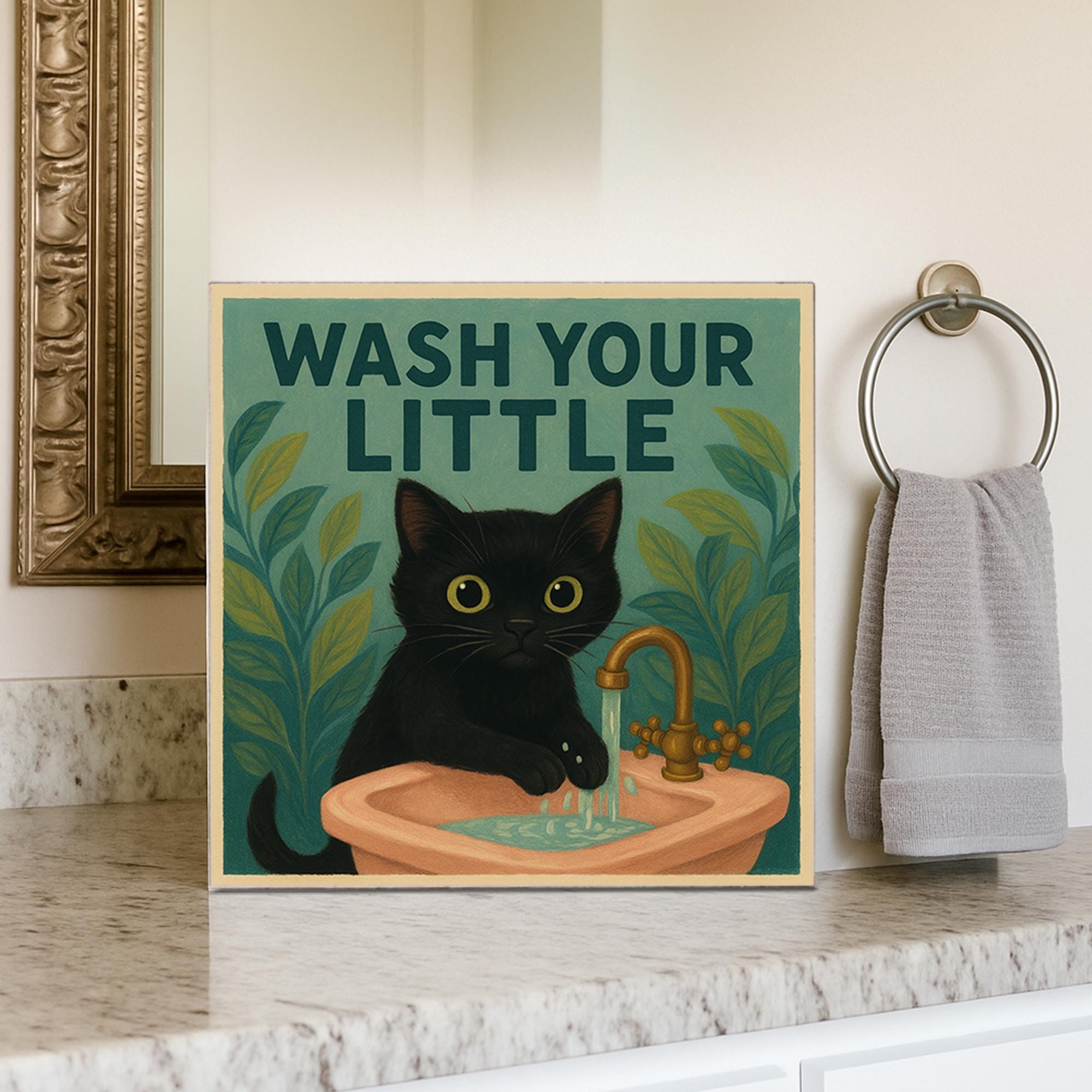 Funny Cat Bathroom Sign, Wash Your Little Kitty Wall Art, Black Cat Sink Decor, Cute Cat Handwashing Humor Gift