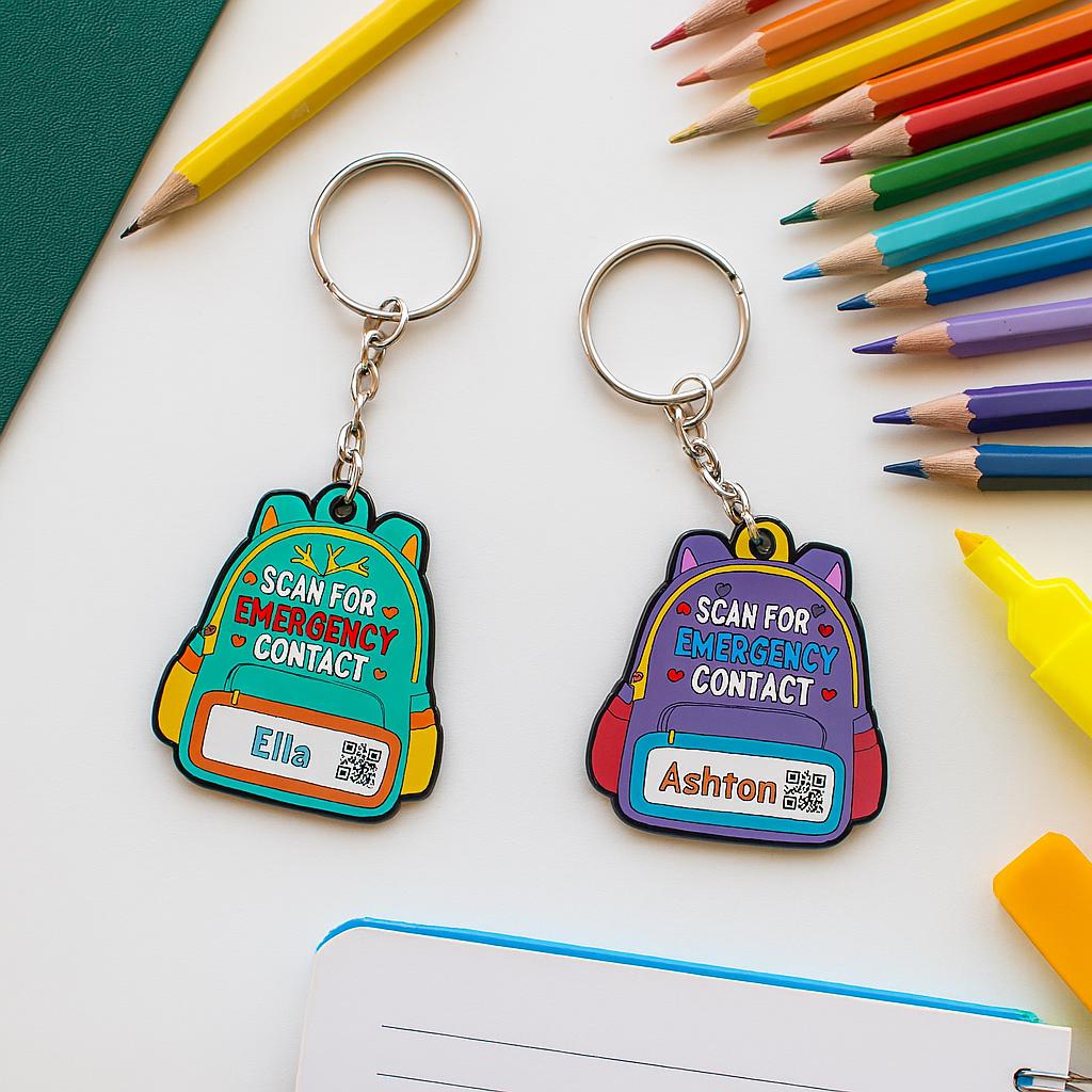 Backpack Emergency Contact Keychain for Kids – Personalized School Tag with Name, QR Code, Safety ID for Backpack or Lunchbox, School Qr Tag