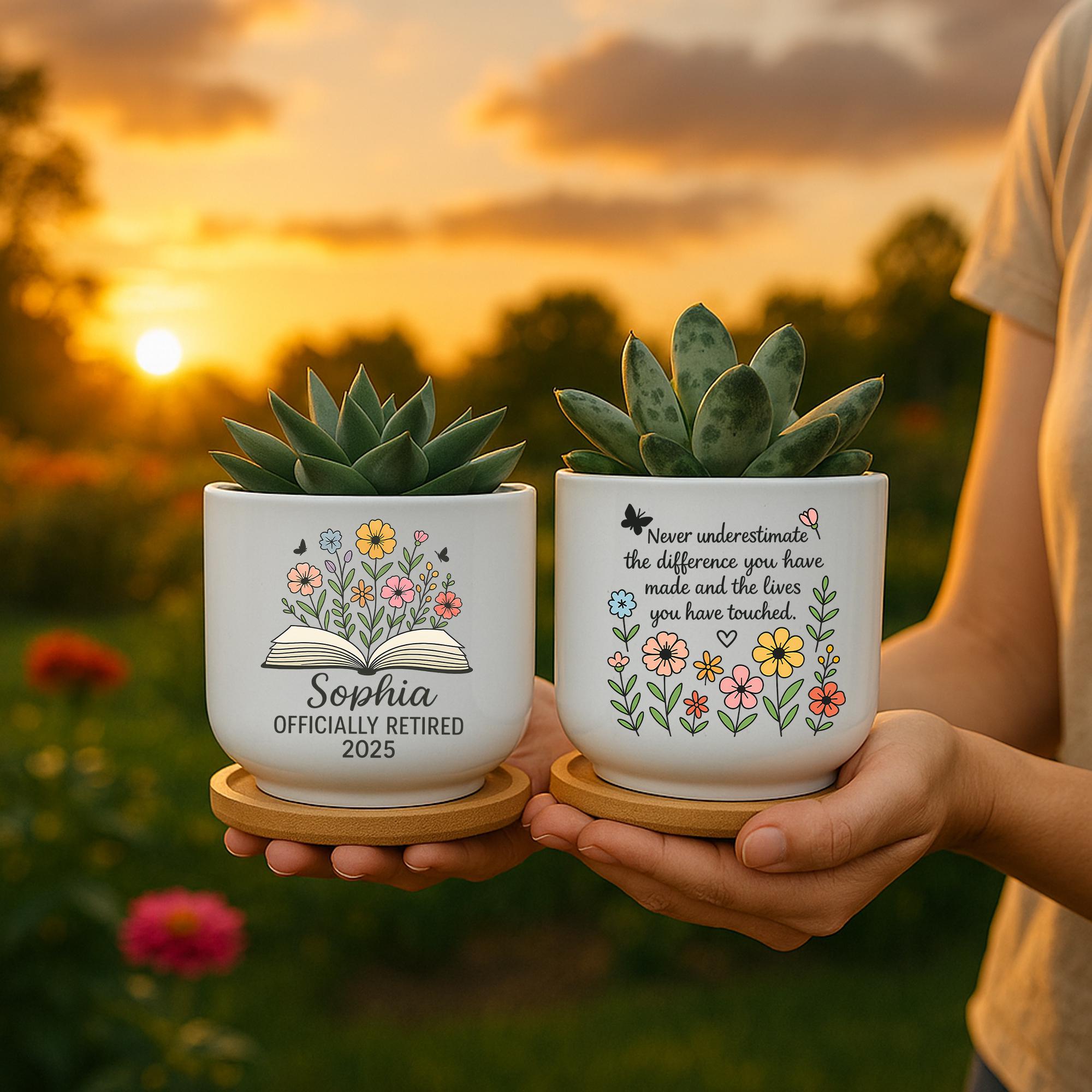 Custom Retirement Plant Pot – Personalized Ceramic Succulent Planter with Name & Year–Floral Farewell Gift for Coworker or Teacher -POT ONLY