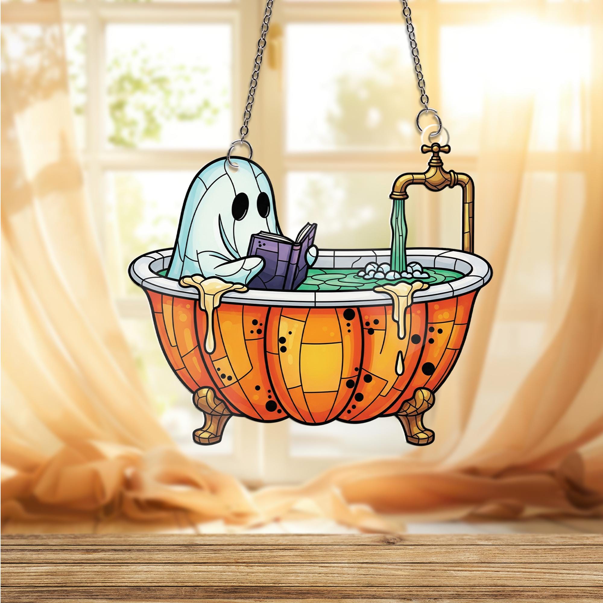 Ghost in Pumpkin Bathtub Faux Glass Window Hanging – Cute Spooky Halloween Decor, Stained Glass Suncatcher for Fall Home Decor