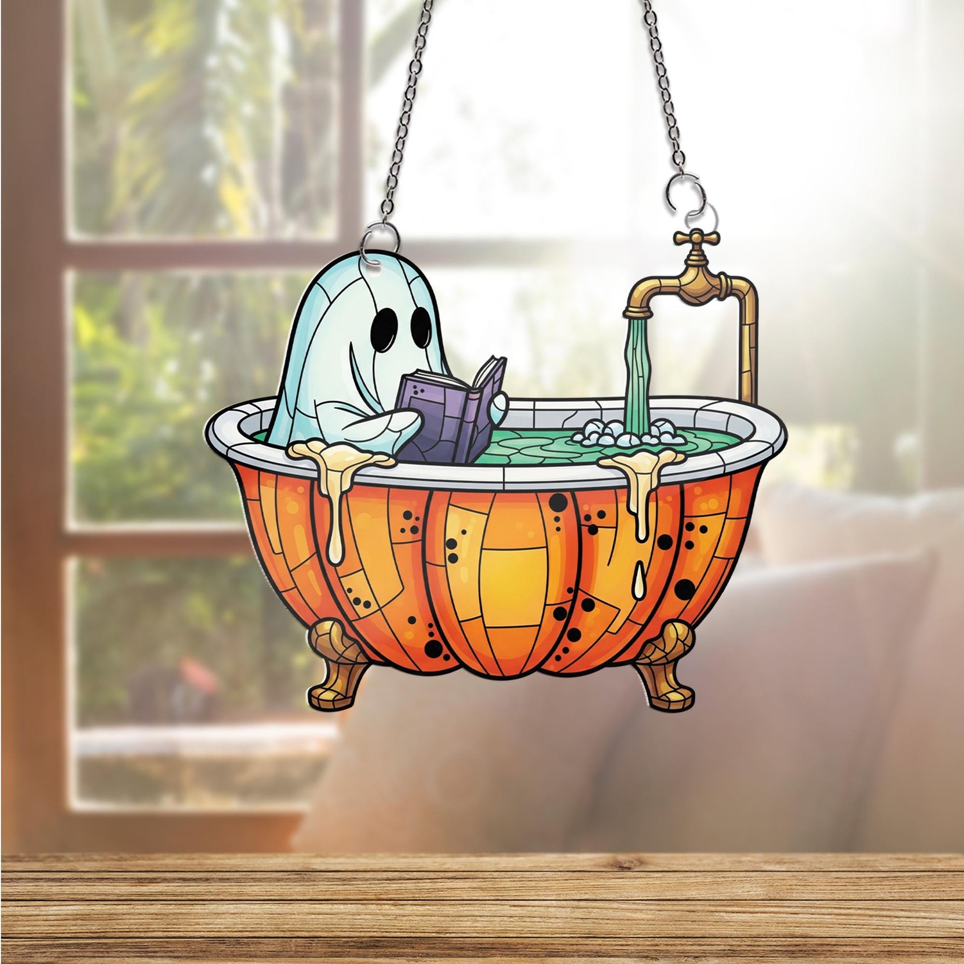 Ghost in Pumpkin Bathtub Faux Glass Window Hanging – Cute Spooky Halloween Decor, Stained Glass Suncatcher for Fall Home Decor