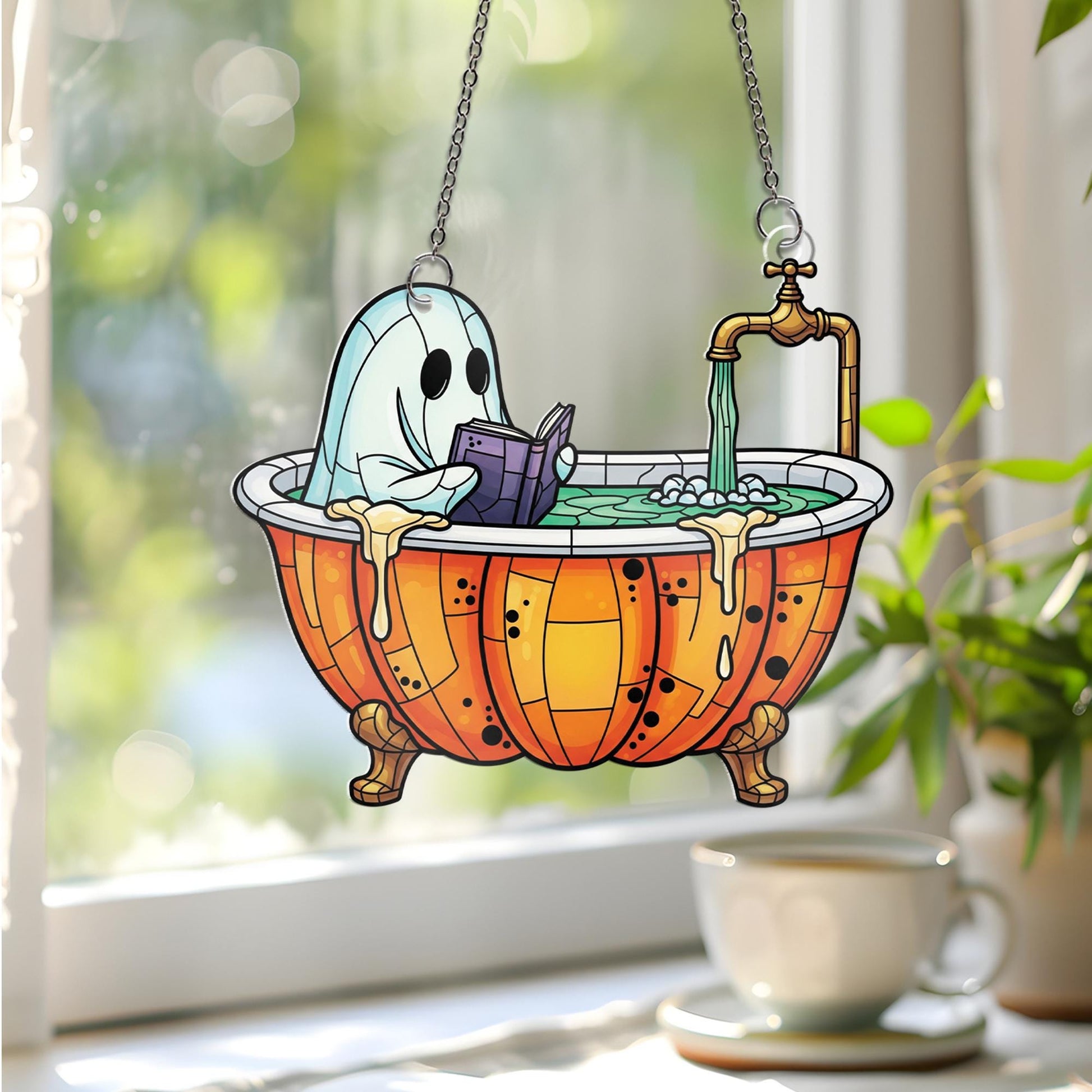 Ghost in Pumpkin Bathtub Faux Glass Window Hanging – Cute Spooky Halloween Decor, Stained Glass Suncatcher for Fall Home Decor