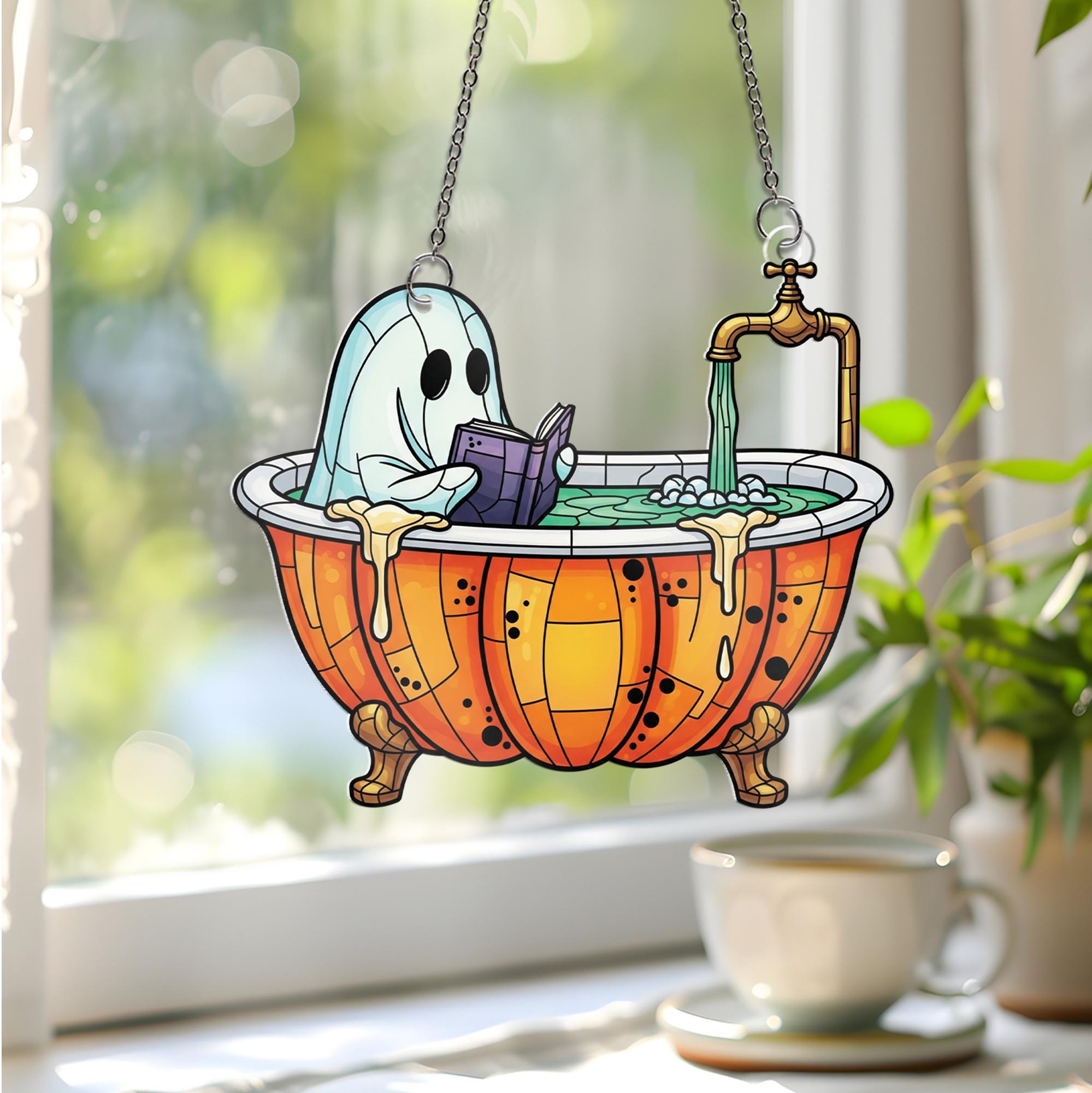 Ghost in Pumpkin Bathtub Faux Glass Window Hanging – Cute Spooky Halloween Decor, Stained Glass Suncatcher for Fall Home Decor