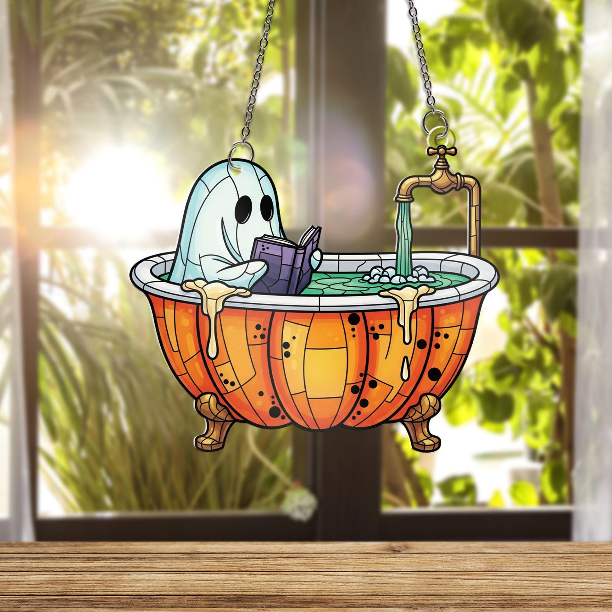 Ghost in Pumpkin Bathtub Faux Glass Window Hanging – Cute Spooky Halloween Decor, Stained Glass Suncatcher for Fall Home Decor