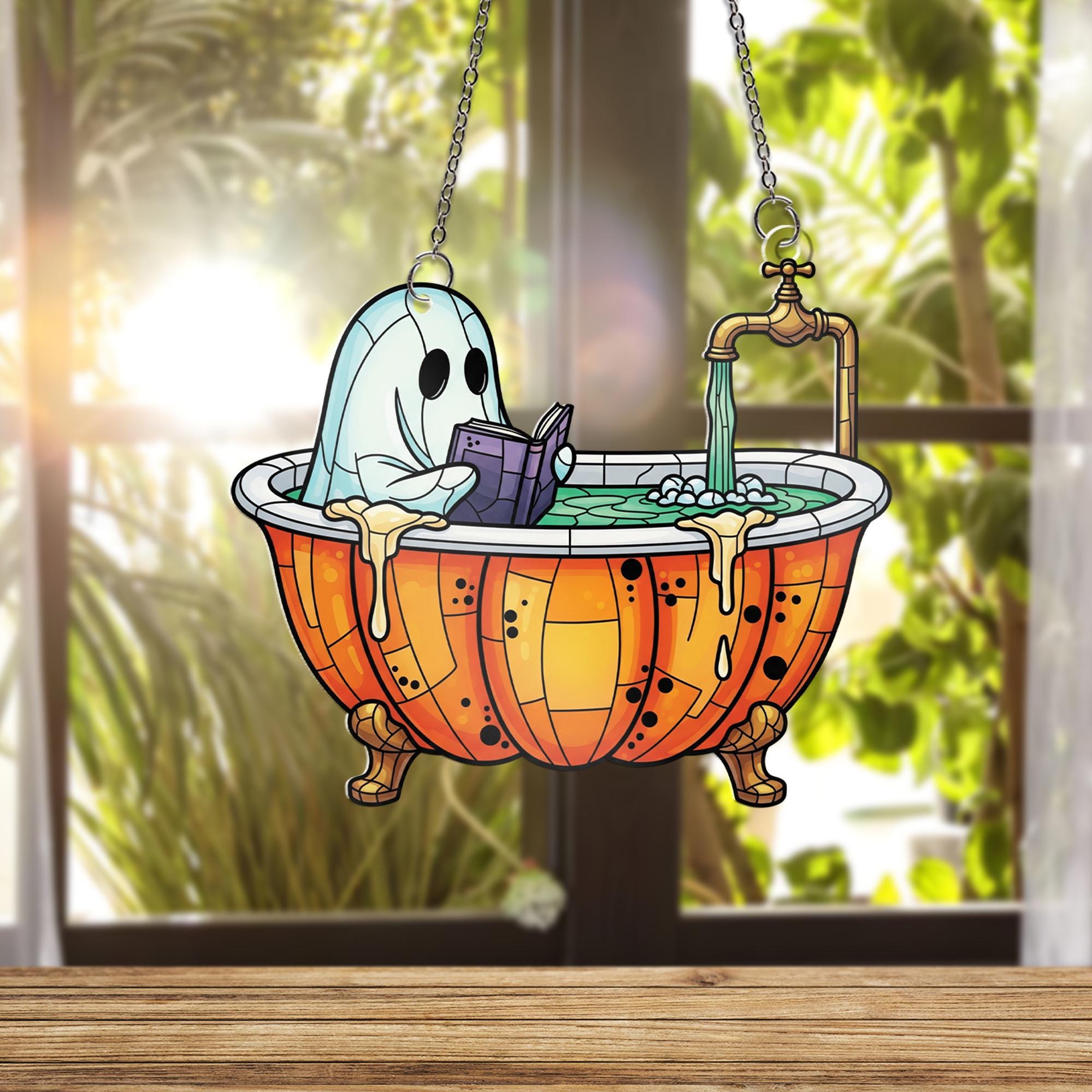 Ghost in Pumpkin Bathtub Faux Glass Window Hanging – Cute Spooky Halloween Decor, Stained Glass Suncatcher for Fall Home Decor