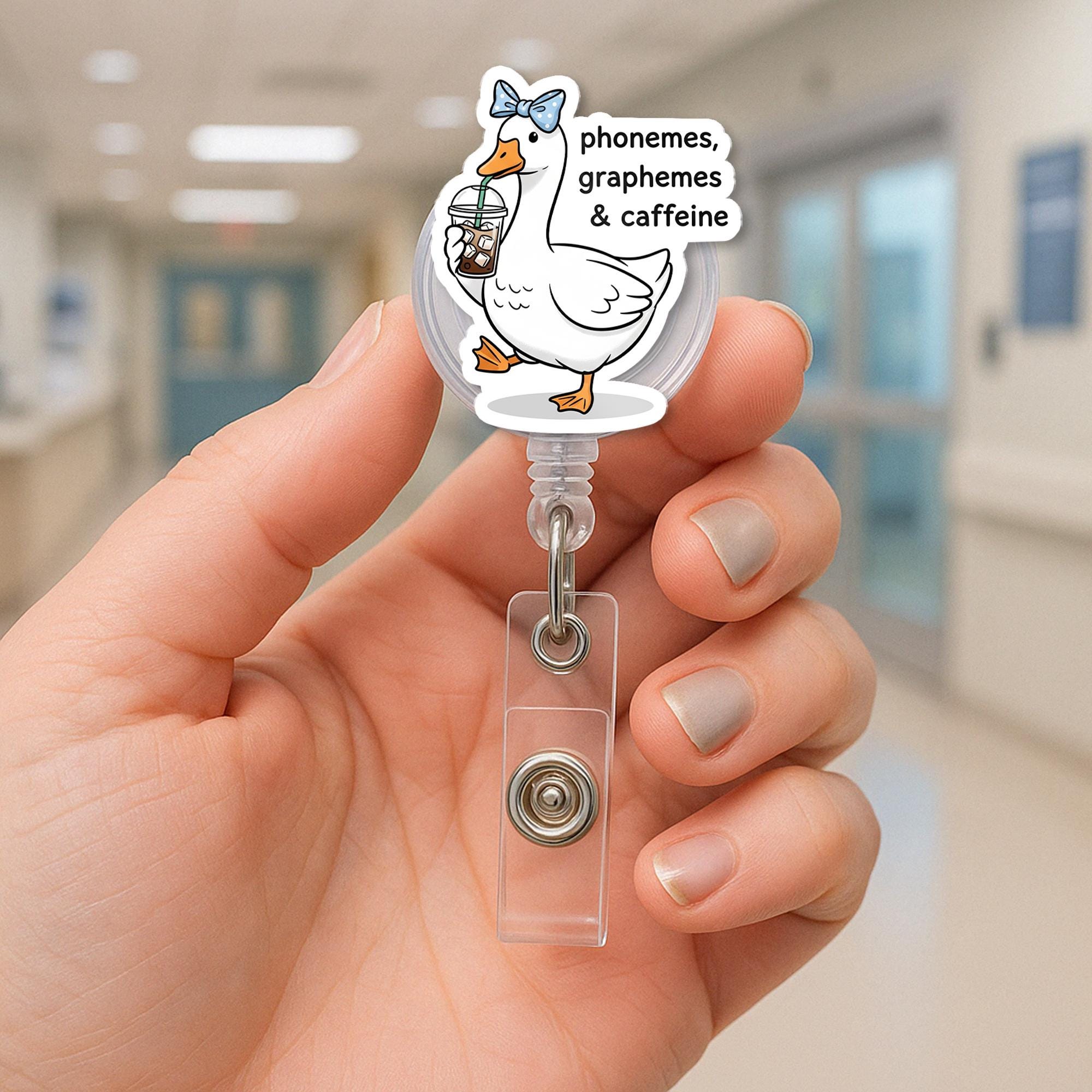 Funny Goose Badge Reel – Phonemes Graphemes & Caffeine, Literacy Teacher Gift, Coffee Lover ID Holder, Cute Name Badge Clip