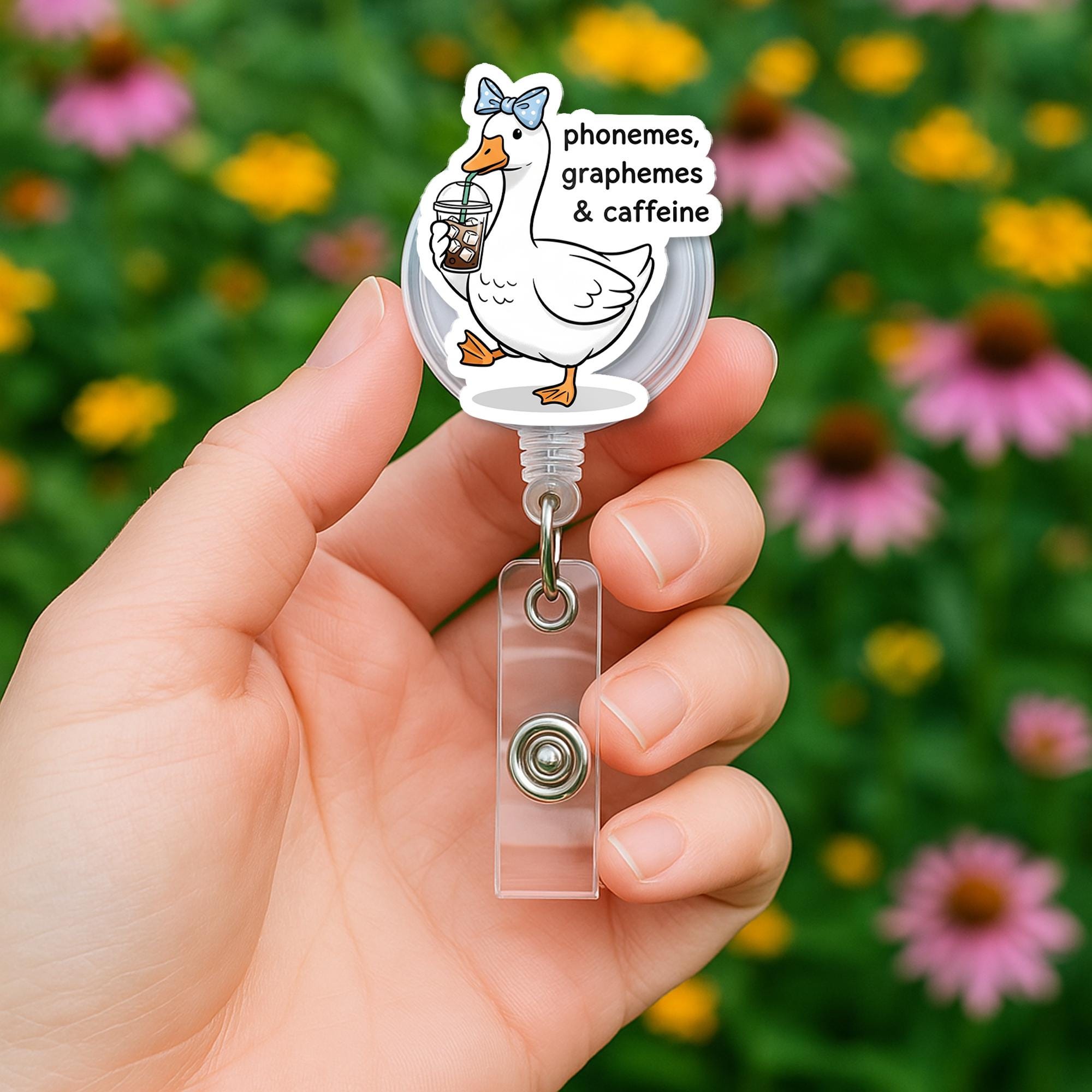 Funny Goose Badge Reel – Phonemes Graphemes & Caffeine, Literacy Teacher Gift, Coffee Lover ID Holder, Cute Name Badge Clip