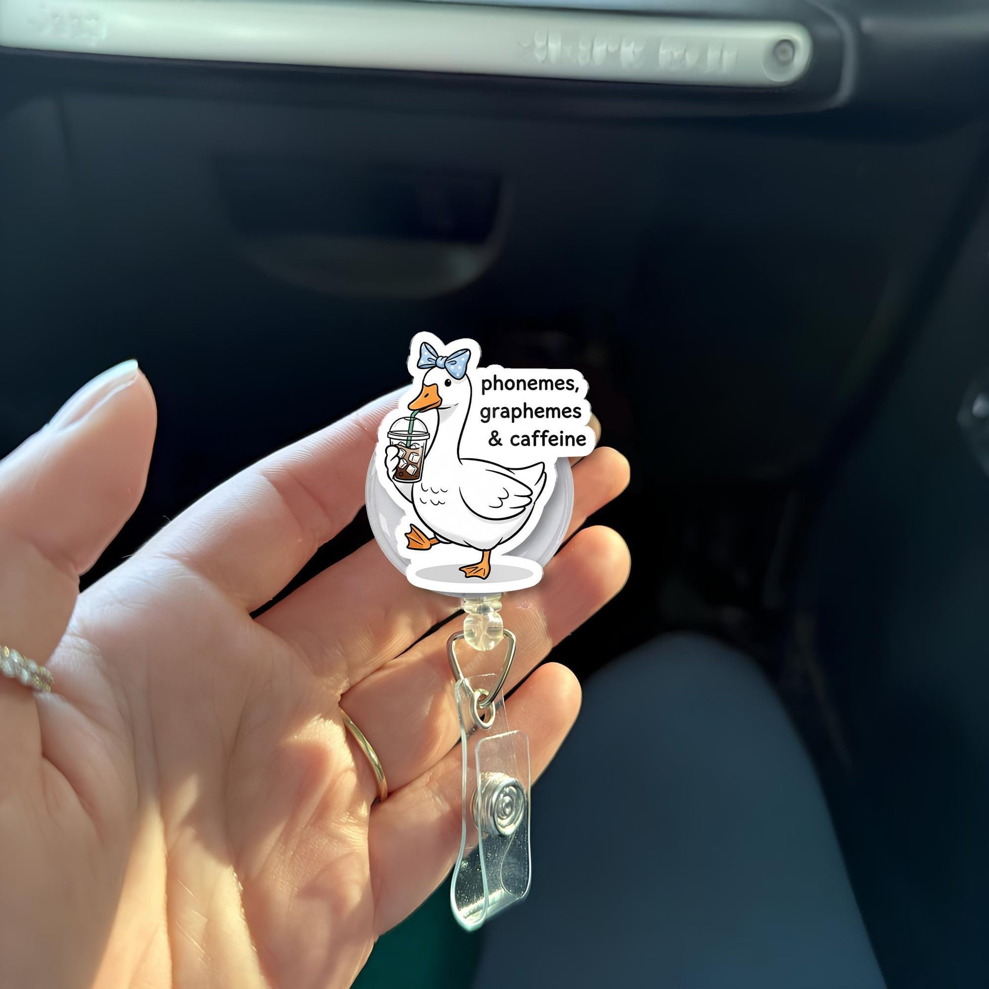 Funny Goose Badge Reel – Phonemes Graphemes & Caffeine, Literacy Teacher Gift, Coffee Lover ID Holder, Cute Name Badge Clip