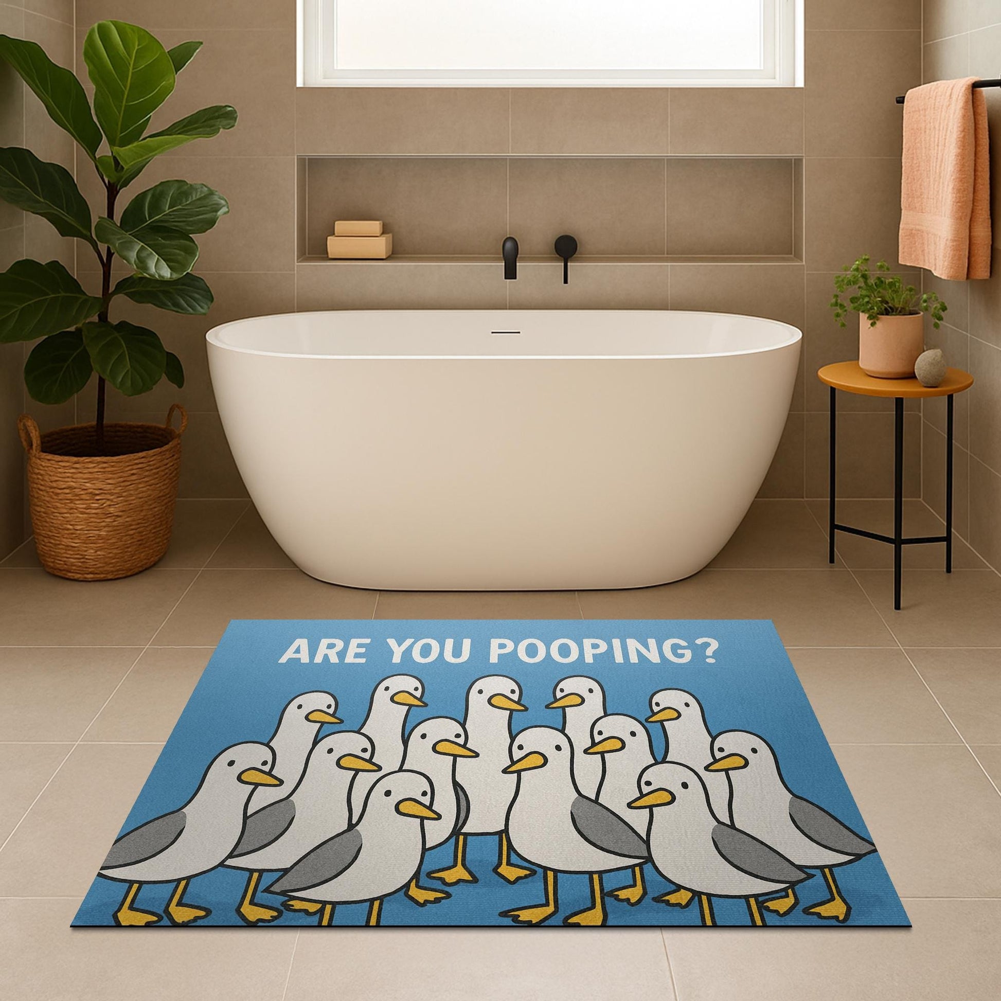 Funny Seagull Bath Mat, Are You Pooping Rug, Silly Bird Bathroom Decor, Quirky Toilet Mat, Humorous Bathroom Gift for Bird Lovers