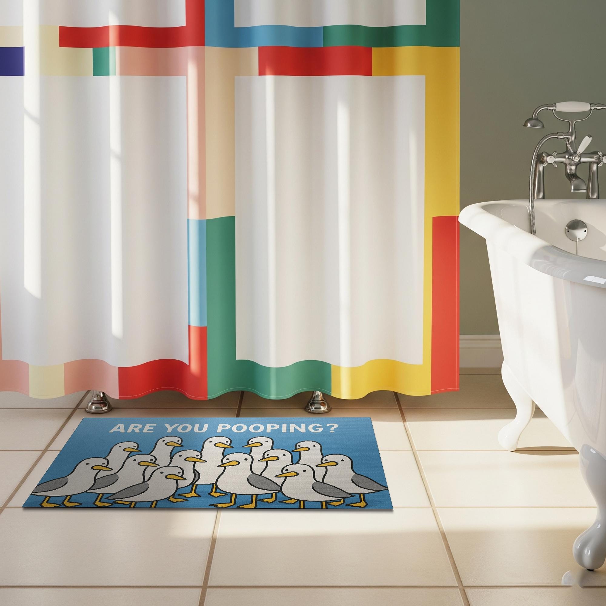 Funny Seagull Bath Mat, Are You Pooping Rug, Silly Bird Bathroom Decor, Quirky Toilet Mat, Humorous Bathroom Gift for Bird Lovers