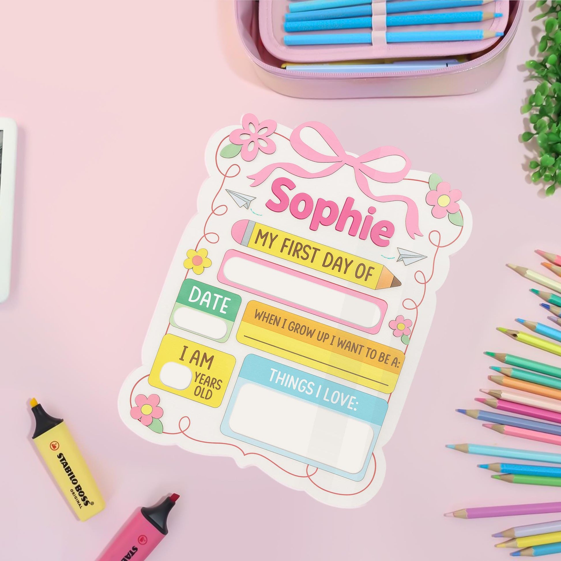 First Day of School Sign for Girls, Reusable Pink School Board, Personalized Photo Prop, Back to School Memory Keepsake Gift For kid