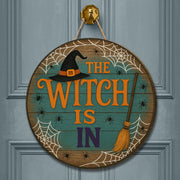 The Witch Is In Door Sign, Halloween Wooden Hanger, Spooky Witch Decor, Round Door Plaque, Fall Front Porch Sign, Haunted House Decor