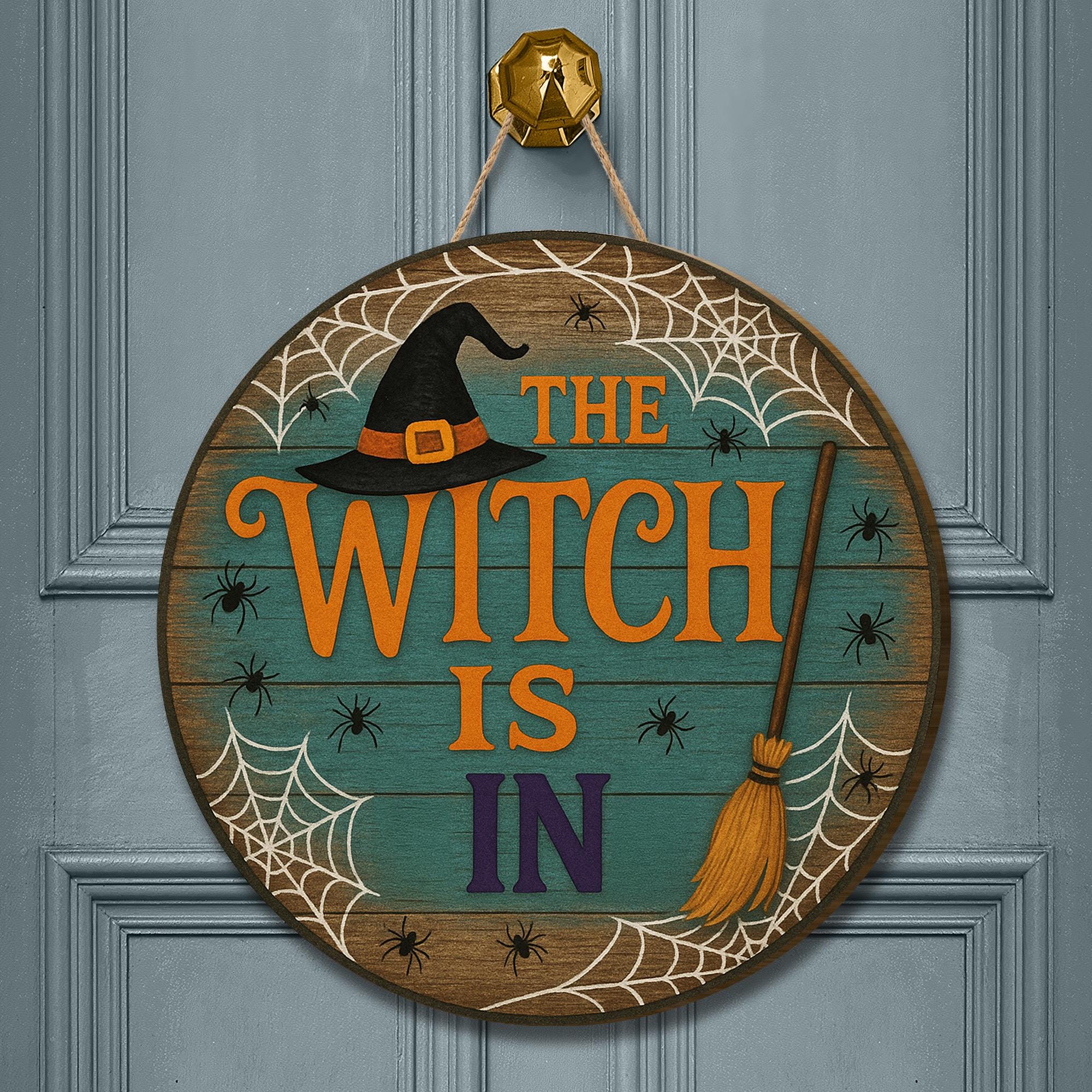 The Witch Is In Door Sign, Halloween Wooden Hanger, Spooky Witch Decor, Round Door Plaque, Fall Front Porch Sign, Haunted House Decor