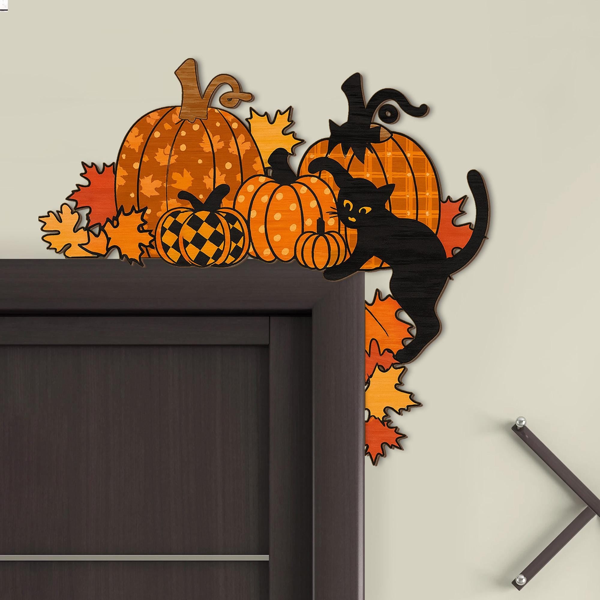 Halloween Pumpkin Door Corner Decor - Black Cat Fall Wall Sign - Autumn Harvest Wooden Decoration - Thanksgiving Front Door Wood