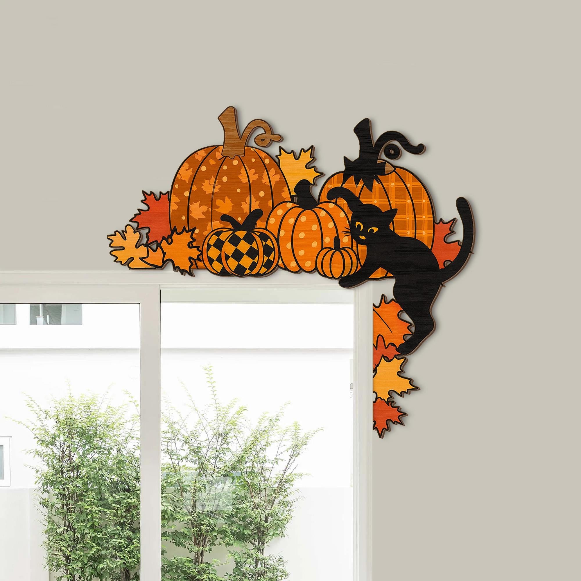 Halloween Pumpkin Door Corner Decor - Black Cat Fall Wall Sign - Autumn Harvest Wooden Decoration - Thanksgiving Front Door Wood