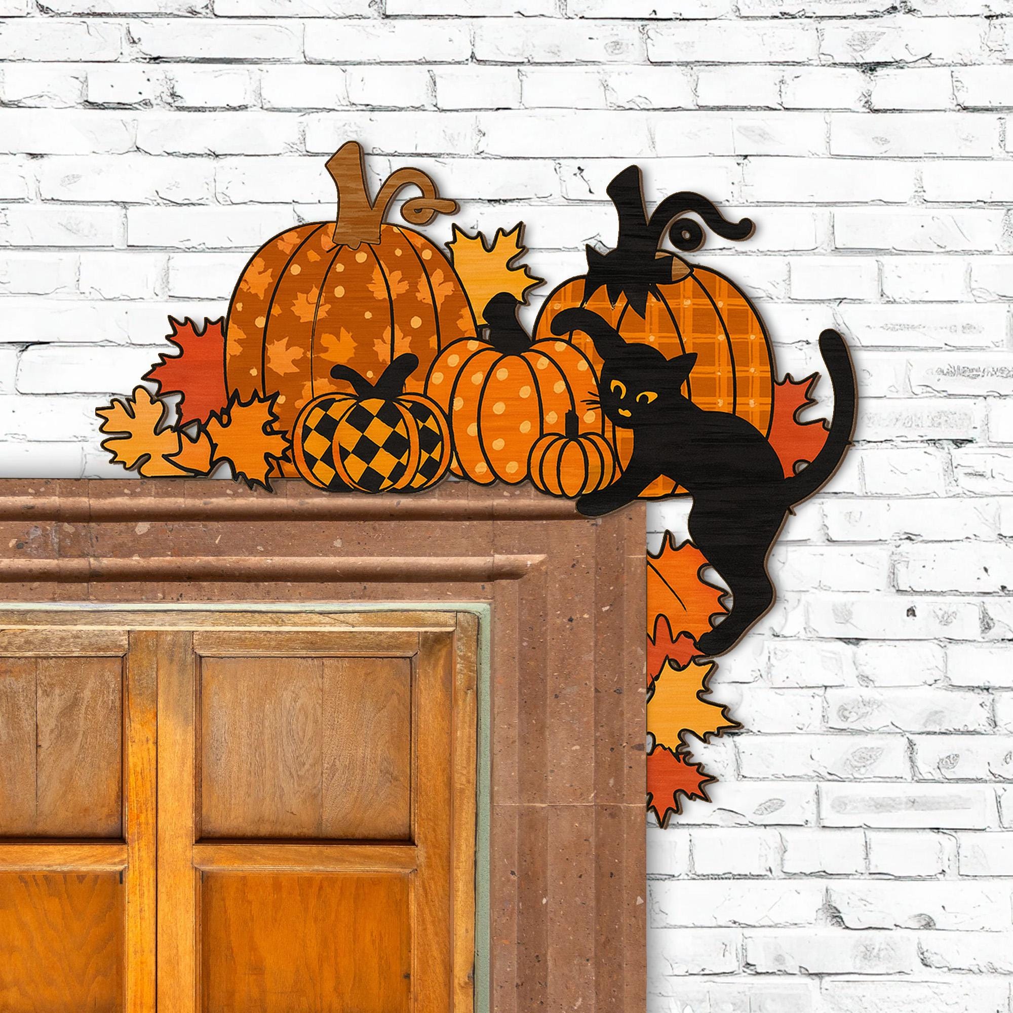 Halloween Pumpkin Door Corner Decor - Black Cat Fall Wall Sign - Autumn Harvest Wooden Decoration - Thanksgiving Front Door Wood