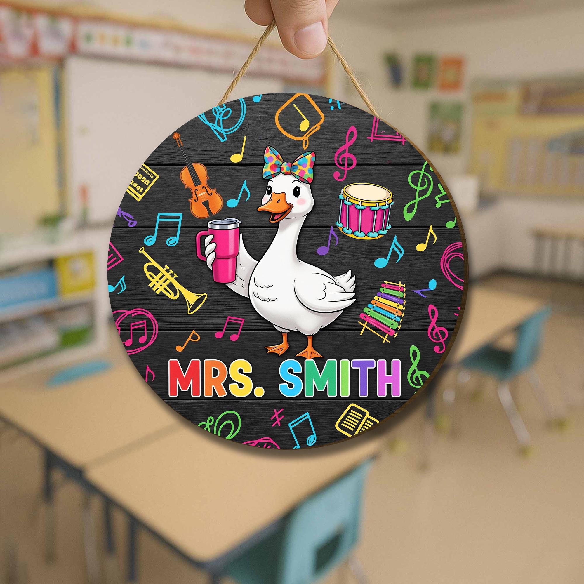 Funny Music Teacher Door Sign with Goose – Personalized Classroom Decor for Teachers, Back to School Gift for Band or Choir Room, Music Sign