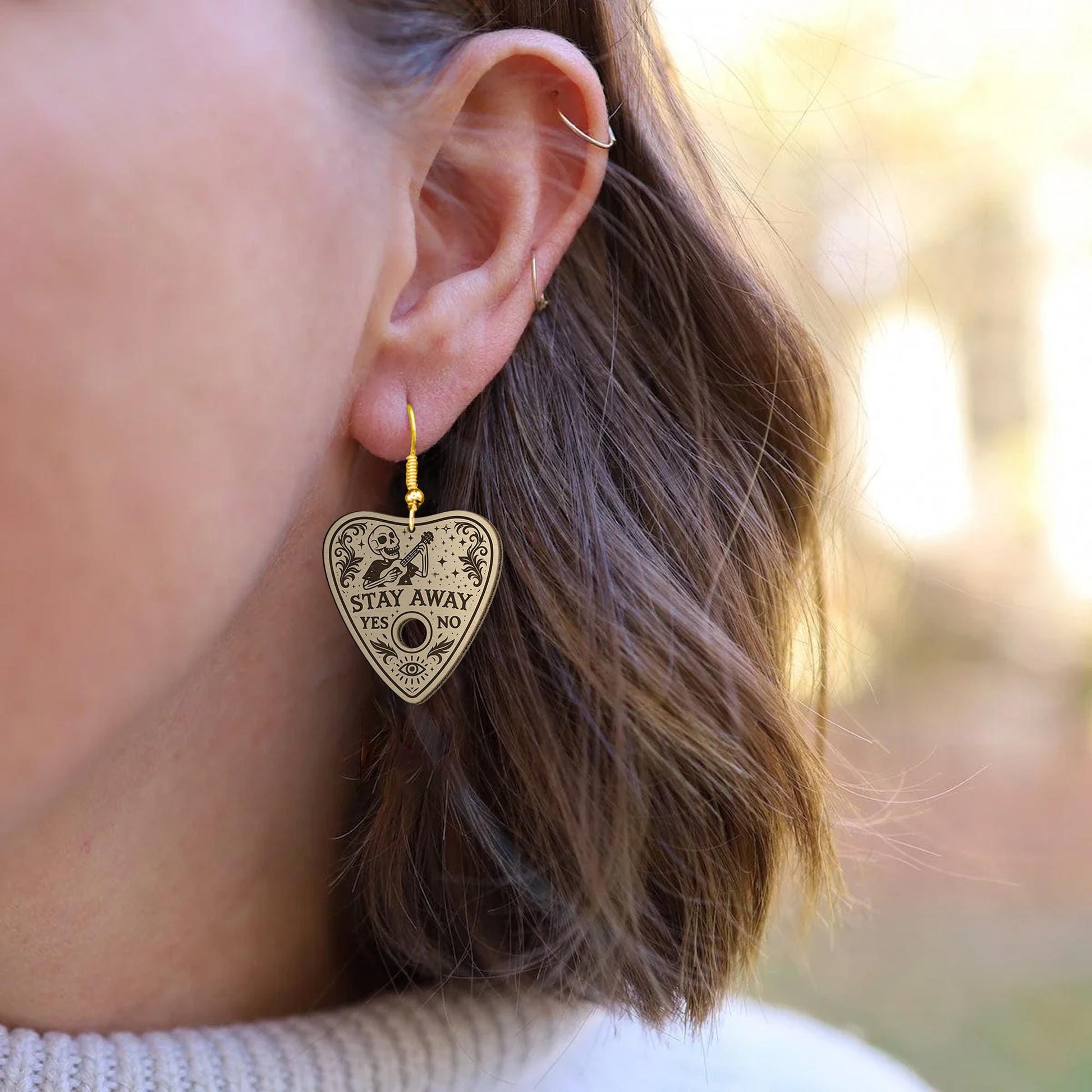 Stay Away Planchette Earrings – Gothic Skeleton Dangle Earrings for Halloween, Witchy Occult Jewelry, Spooky Cute Gift for Her, Spooky Gift