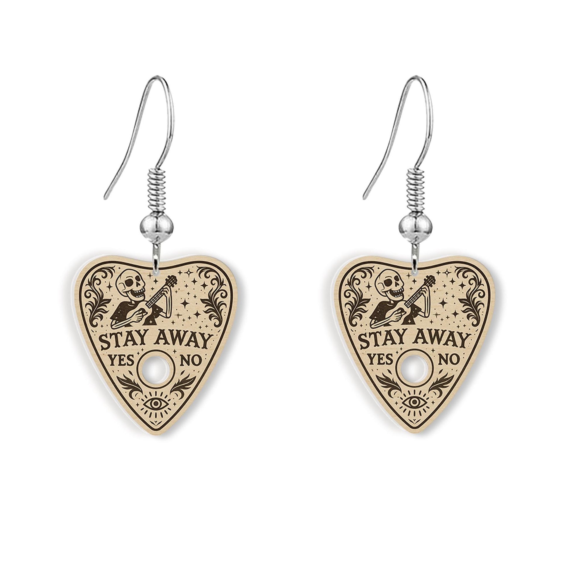 Stay Away Planchette Earrings – Gothic Skeleton Dangle Earrings for Halloween, Witchy Occult Jewelry, Spooky Cute Gift for Her, Spooky Gift